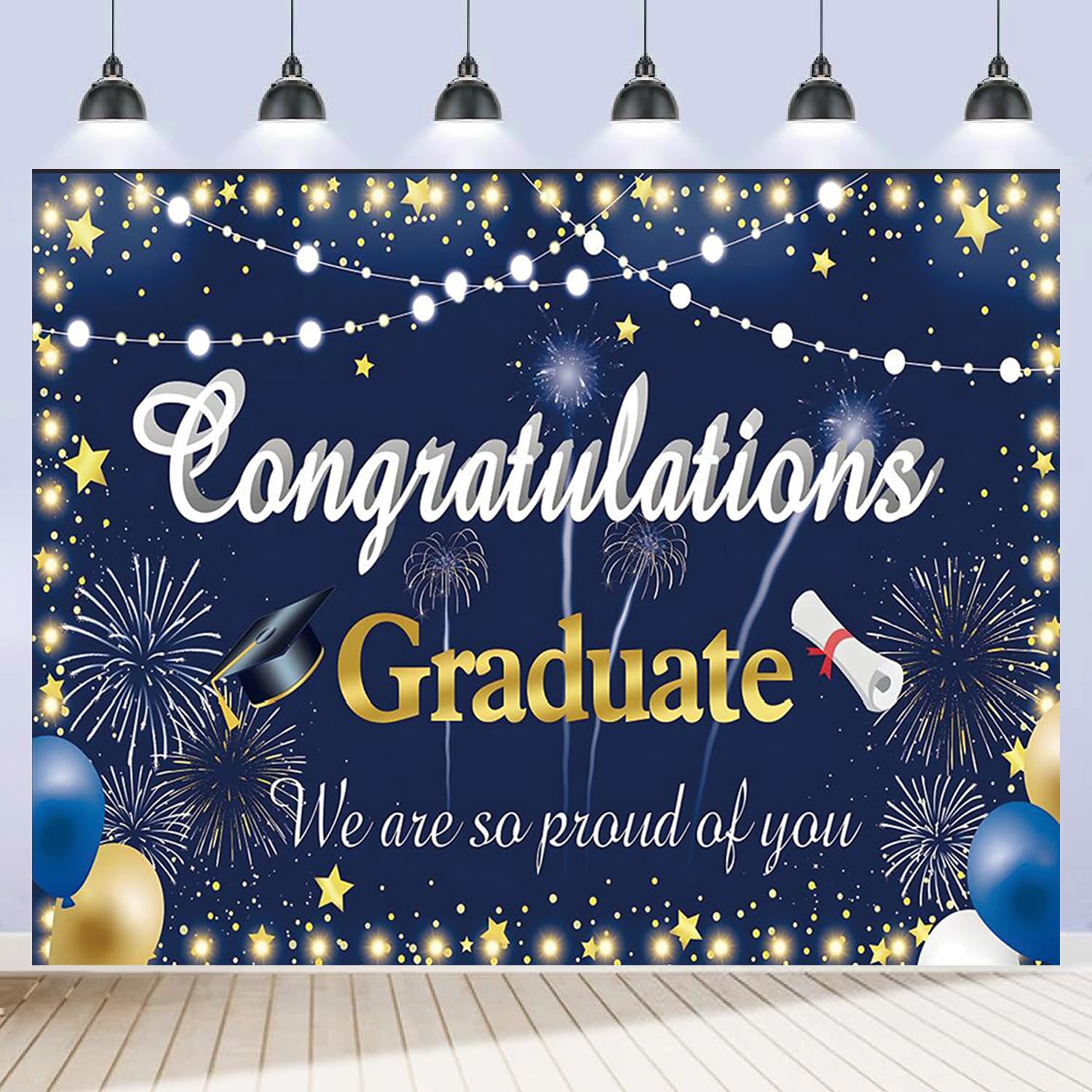 Graduation Backdrop 10x8ft Congrats Grad Class of 2025 Banner Navy Blue and Gold Congratulations Graduate Photo Background We are so Proud of You