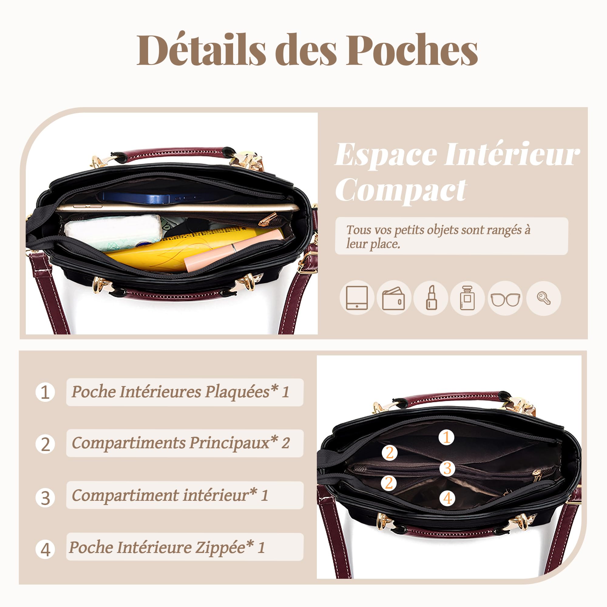 Elégant Sac à Main Petit Femme Sac à Bandoulière Mode Sacoche Cabas Retro Casual Sacs Porté Epaule Cuir PU Sac Fourre-Tout pour Travail Voyage Dating Shopping Noir