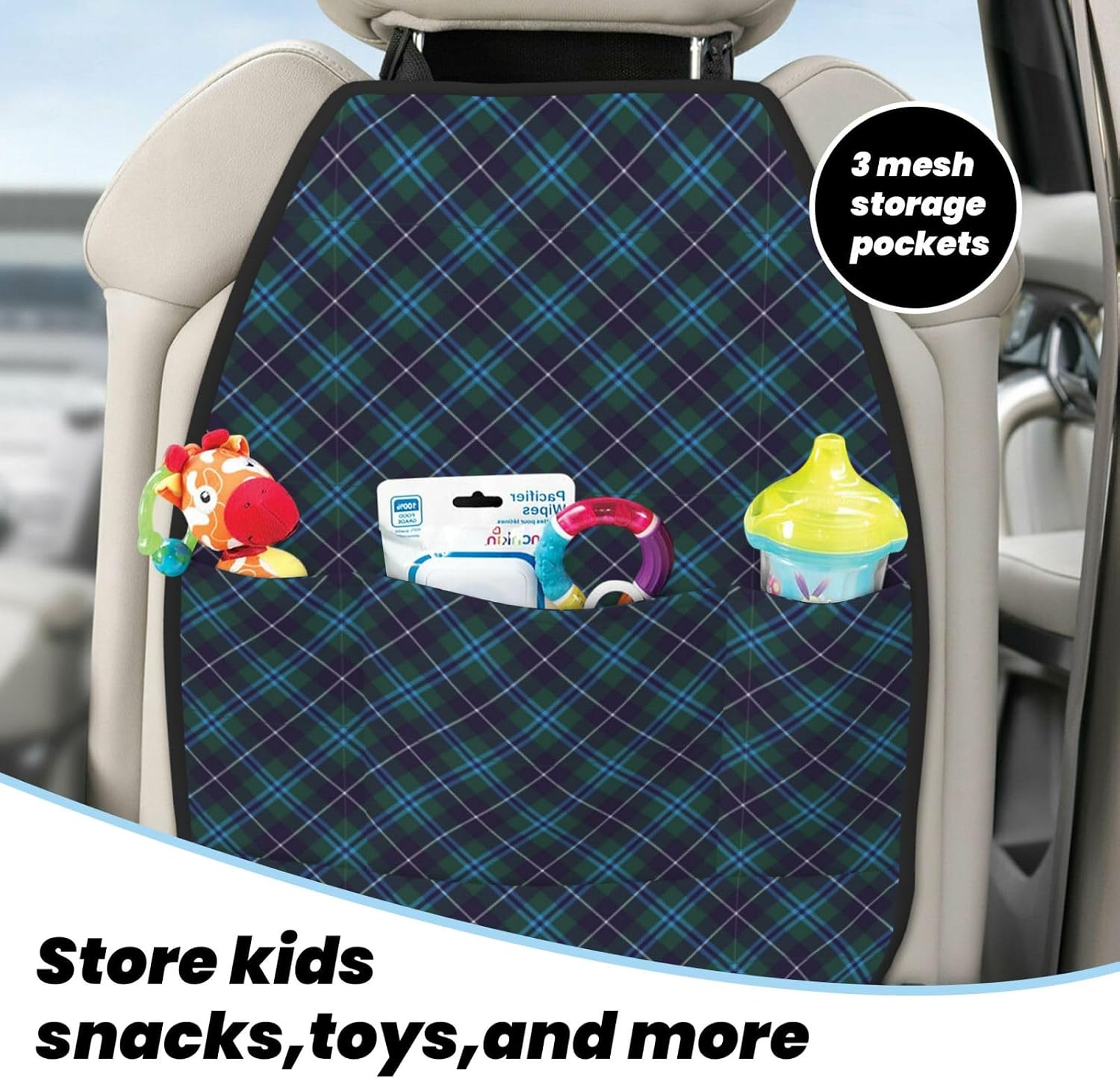 Douglas Tartan Fabric Texture Diagonal Car Seat Back Protector with Storage Pocket - 2 Pack Kick Mats, 600d Oxford Fabric for SUV, Truck,Sedan
