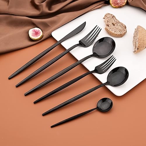 Miniatura 9 de Snplowum Tenedor moderno de 4 piezas, juego de tenedores de acero inoxidable 1810, mango redondo y pulido de espejo negro, 8.66 pulgadas, 2.47 onzas