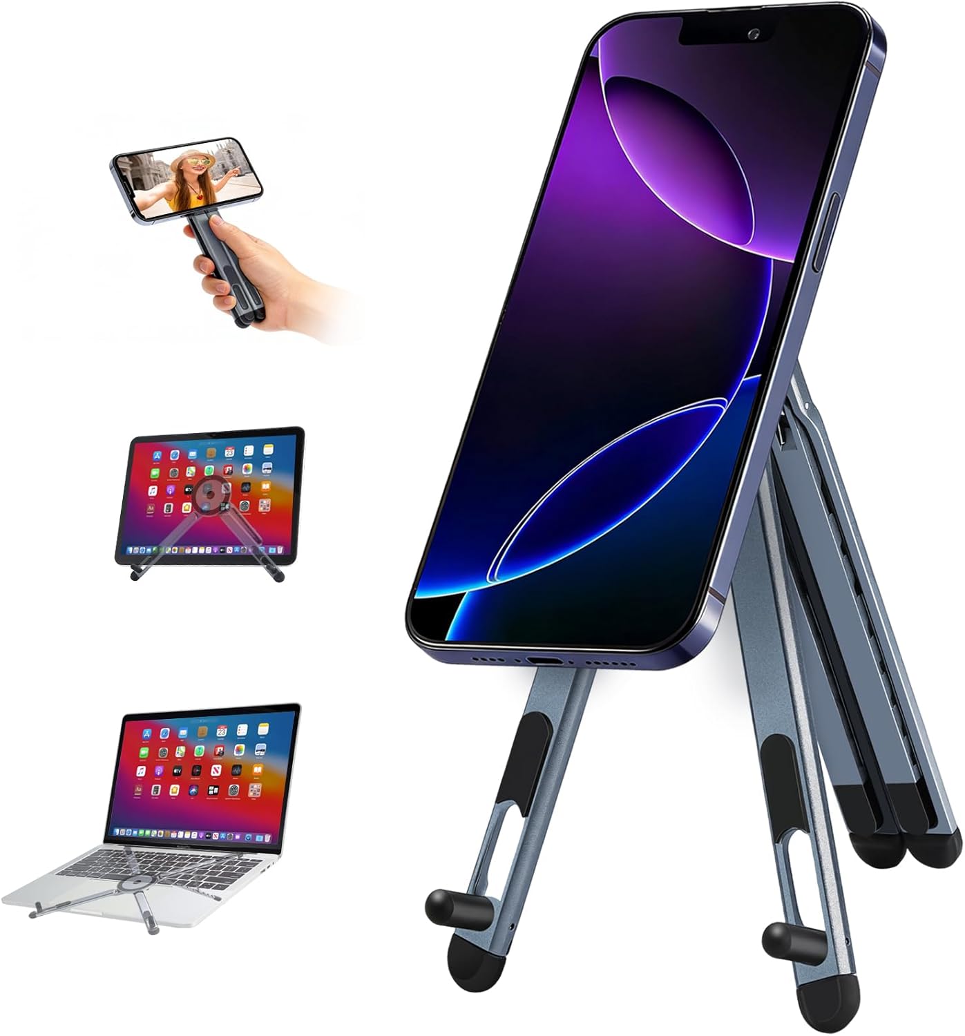 3-in-1 Foldable Magnetic Phone Tripod Stand, Portable Aluminum Alloy Adjustable Holder for Tablet, Laptop MacBook Pro/Air 10–16", Magnet Phone Mount Compatible with MagSafe iPhone Android