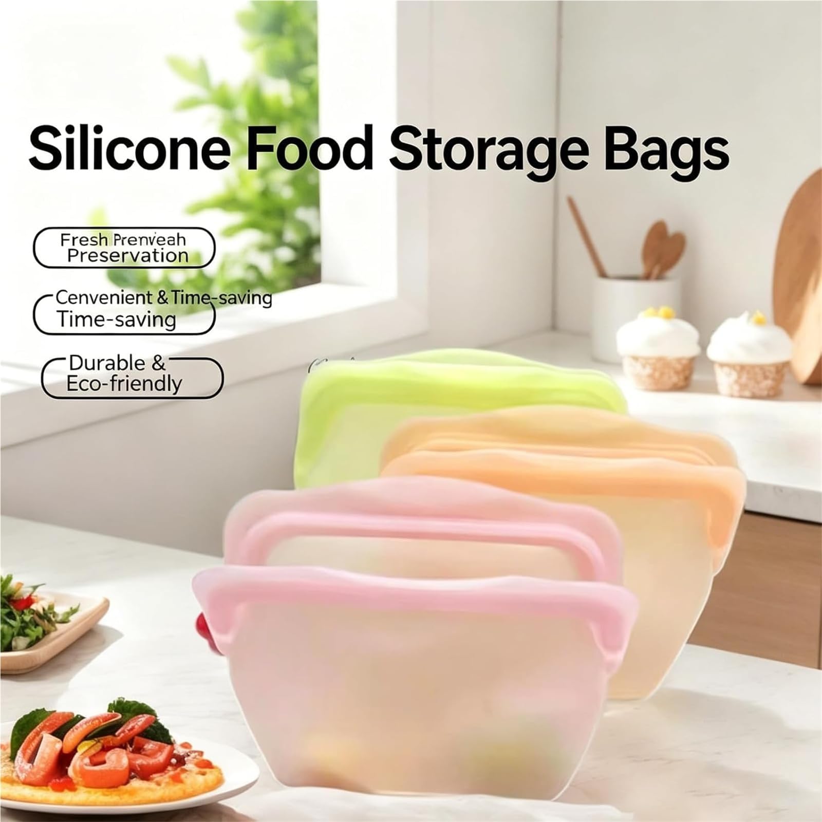 Sacchetti per alimenti in silicone, riutilizzabili, senza BPA, a prova di perdite, per cucina, congelatore verticale, capacità 1000 ml, per preparare pasti e snack