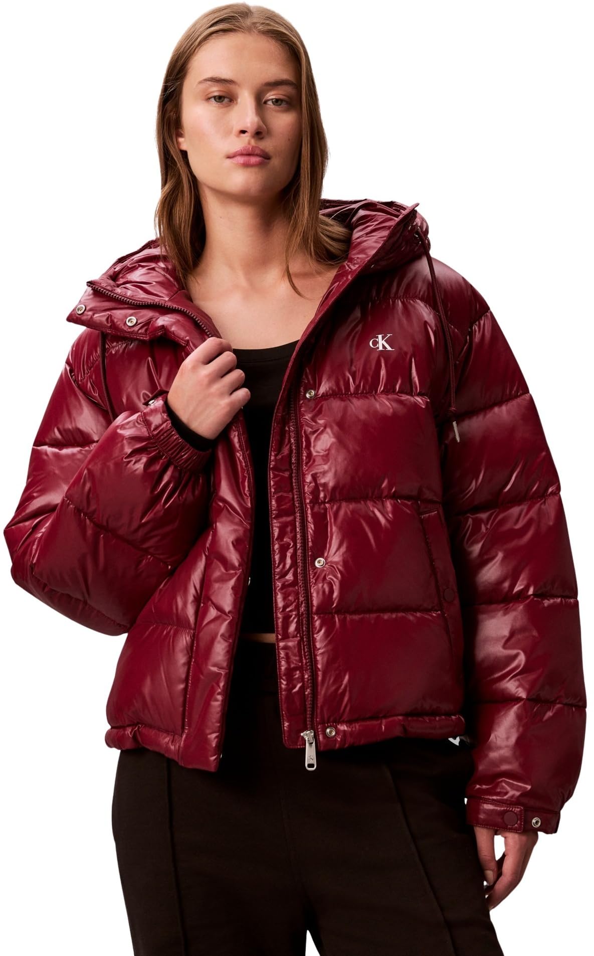 Calvin Klein Women’s Shine Puffer Jacket with Hood, Red (Tawny Port), L