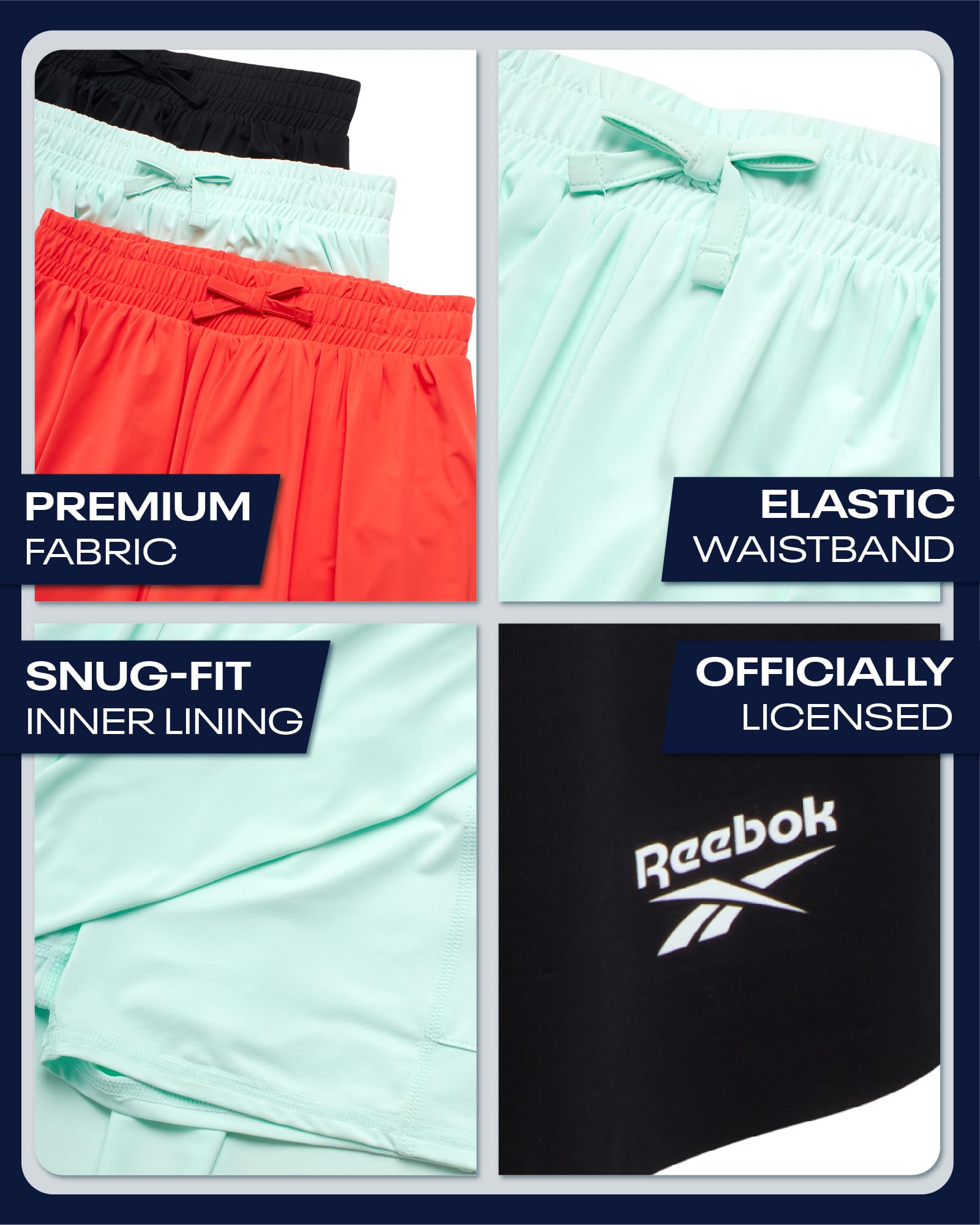 Reebok Sport-Shorts für Mädchen, 3er-Pack, leicht, Schmetterlings-Shorts mit Innenfutter, aktive Performance, fließende Shorts für Mädchen