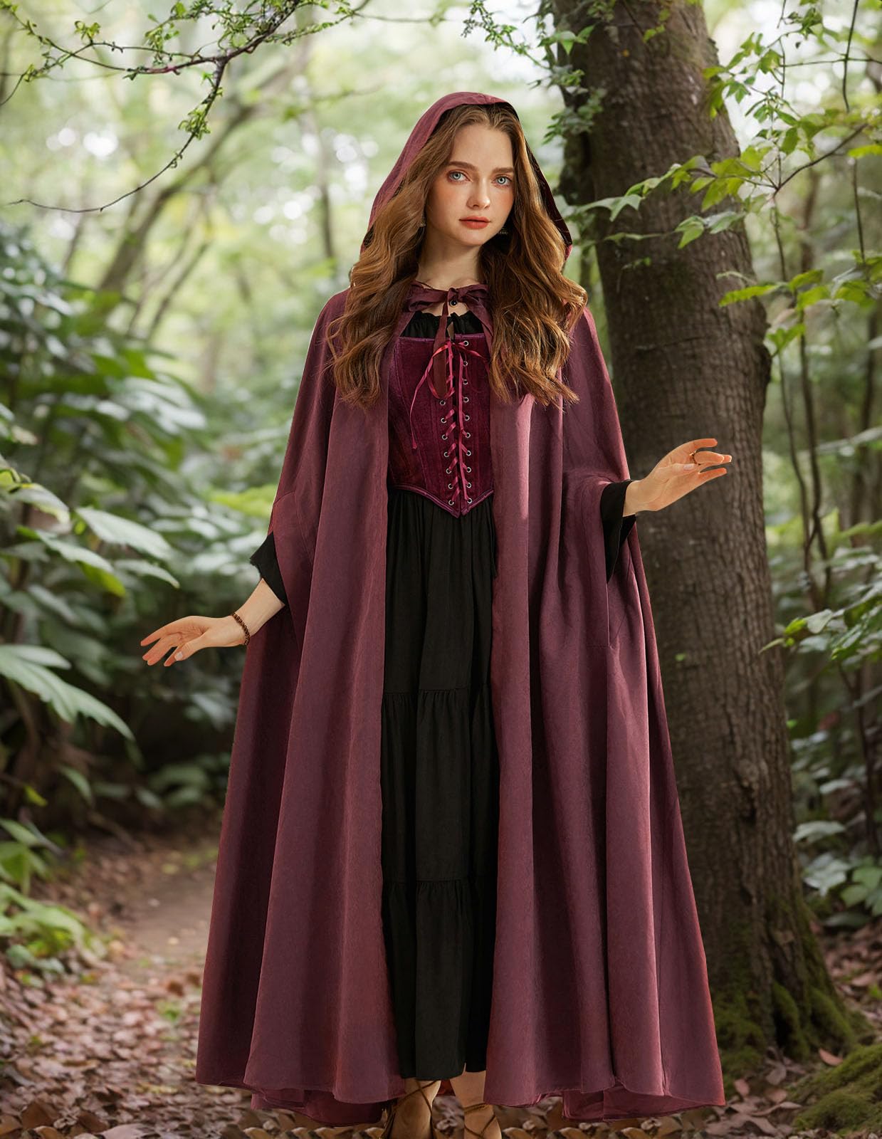 SCARLET DARKNESS Renaissance Hooded Cape Cloak Halloween Costume Wine - Image 3