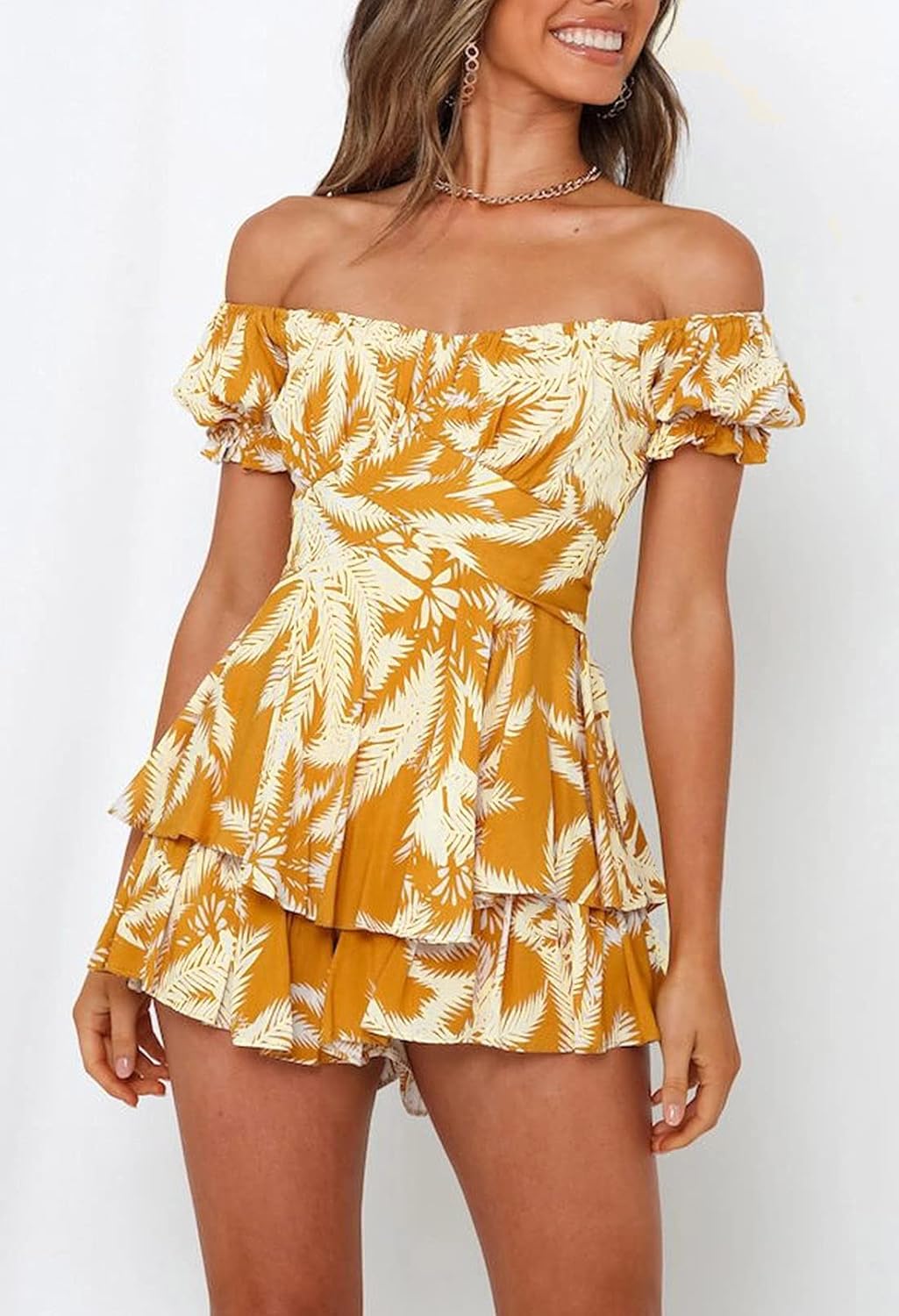 Fixmatti Women Boho Romper Off Shoulder Ruffle Chiffon Shorts Jumpsuit Playsuits - Image 2