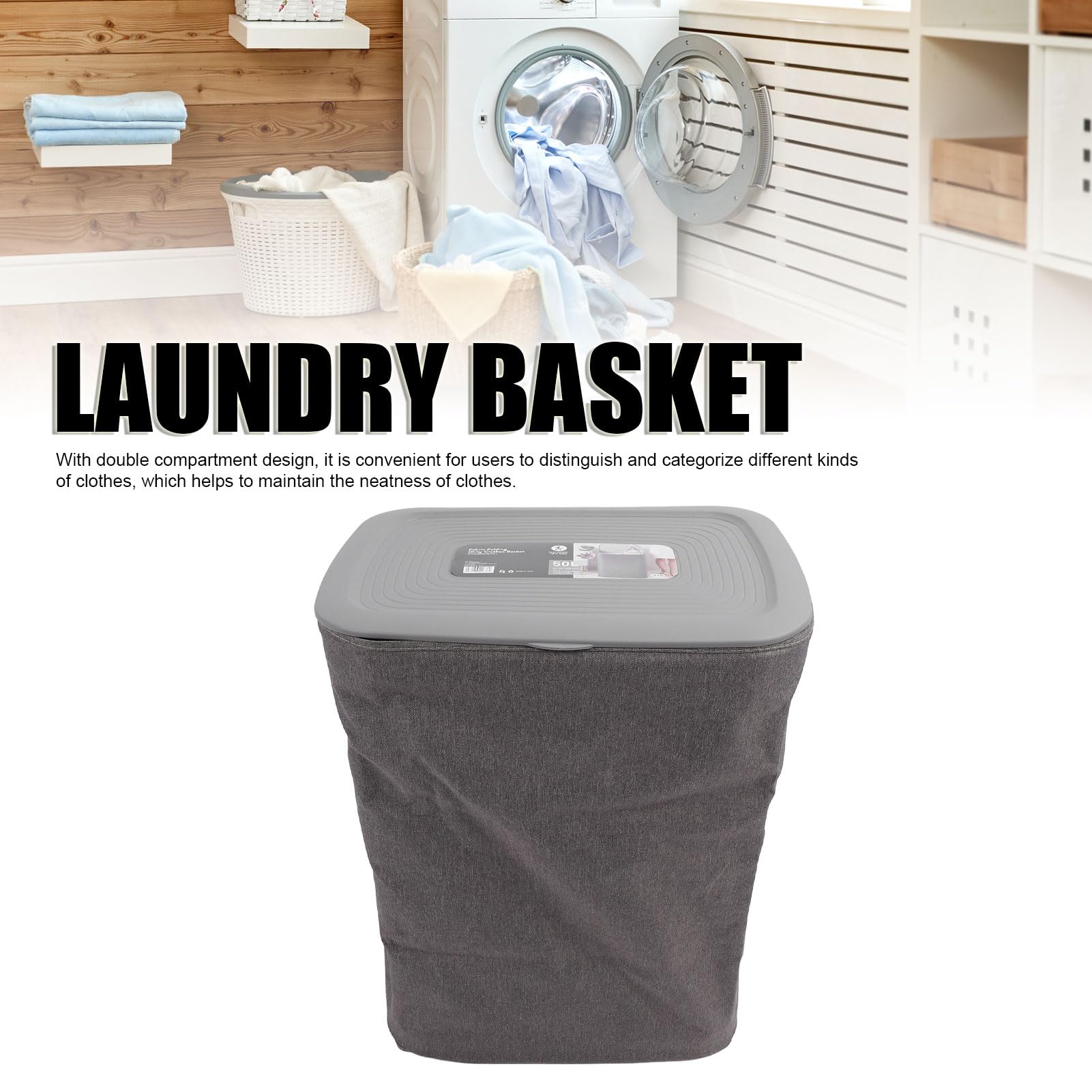 Cesto per la Biancheria con Manici Sacchetti Staccabili a Doppio Scomparto Cesto per Vestiti in Tessuto con Coperchio Telaio in Acciaio Inossidabile per Bagno Ripostiglio (S 50L)