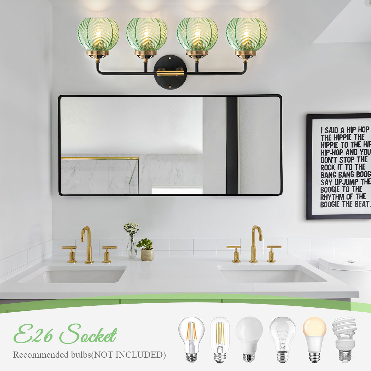 Image of Modern Vanity Light Bathroom 4-Light Fixtures Emerald Green Glass | Vintage 5.9inch Globe Shade Vanity Table Indoor Deco Lighting Black Gold Finish E26 Base, Mirror Over , Kitchen, Cabinet