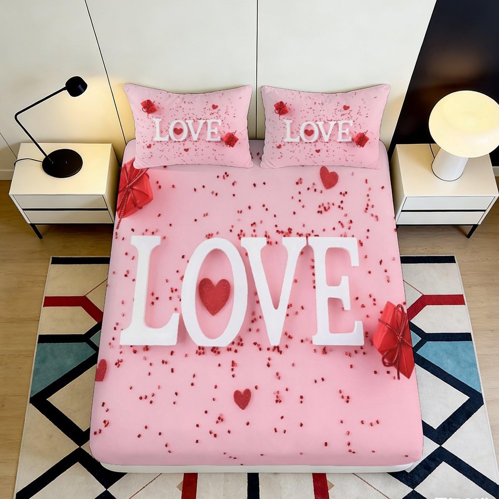 3D Printed Love Heart Fitted Sheet Microfiber Soft Bedroom Decor Romantic Red Bed Cover for All Ages 90x200x25cm