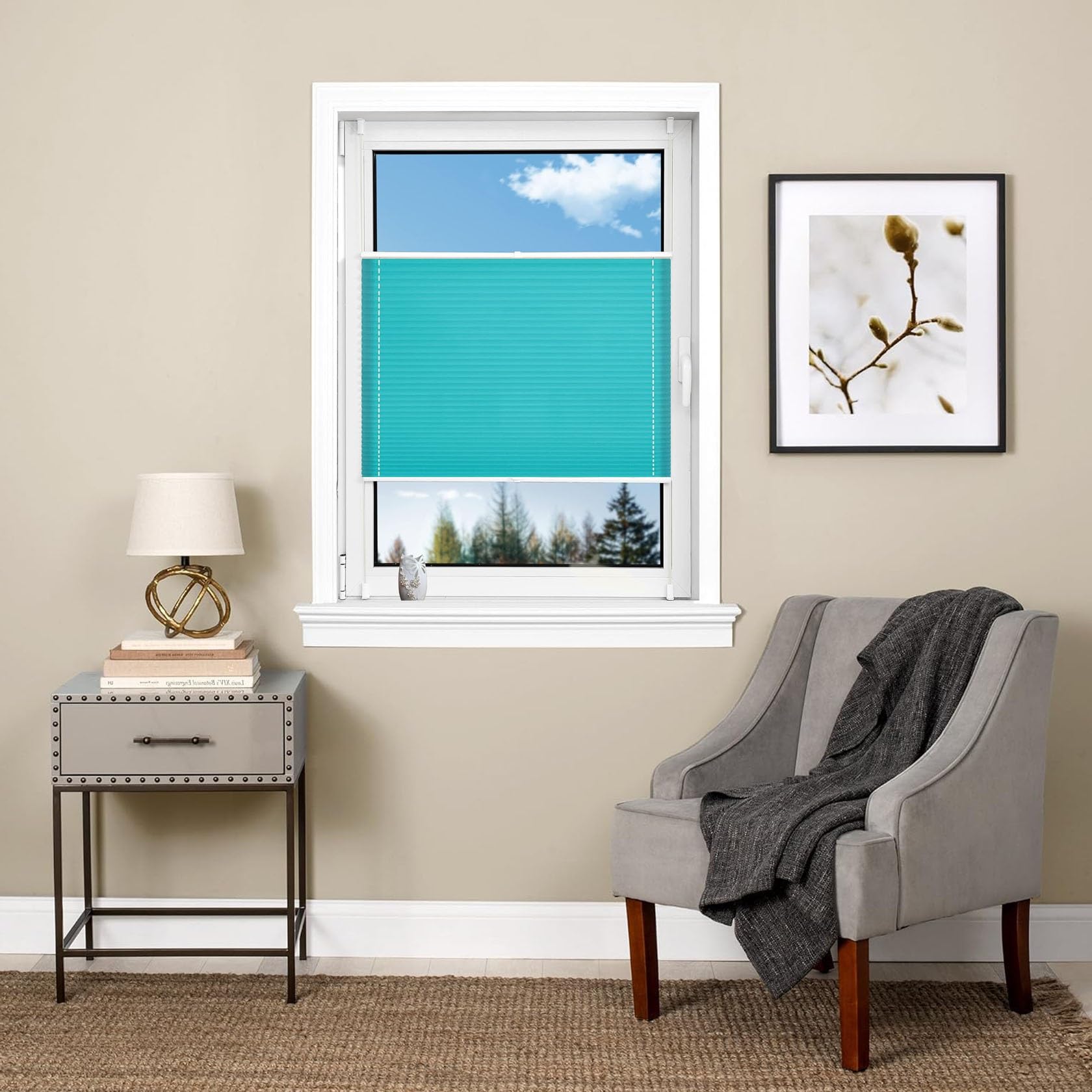 Stick On Blinds for Windows 50 x 70 cm Blackout Thermal Self-adhesive Non-woven Blinds Includes All Assembly Parts for Bedroom Kitchen Bathroom Windows, Blue — image 1