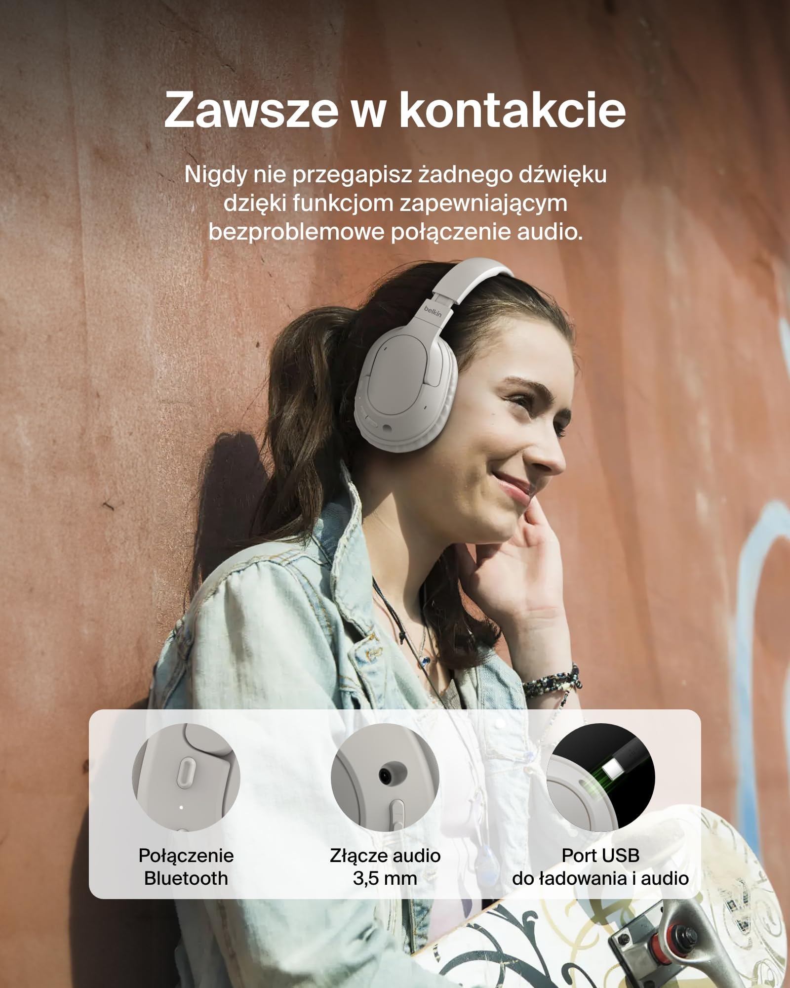 Belkin SoundForm Surround Słuchawki Bezprzewodowe Nauszne Bluetooth z ENC Redukcją Hałasu i Miękkimi Nausznikami, do iPhone’a, Galaxy i iPada, 60 godz. Odtwarzania w Podróży, Domu, Piaskowe