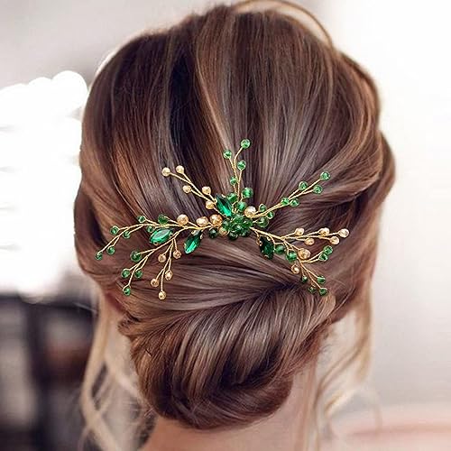 Miniatura 7 de BETITETO Horquilla de cristal para novia, color verde esmeralda, dorado, accesorios para el cabello, tocado elegante para banquete de boda, fiesta
