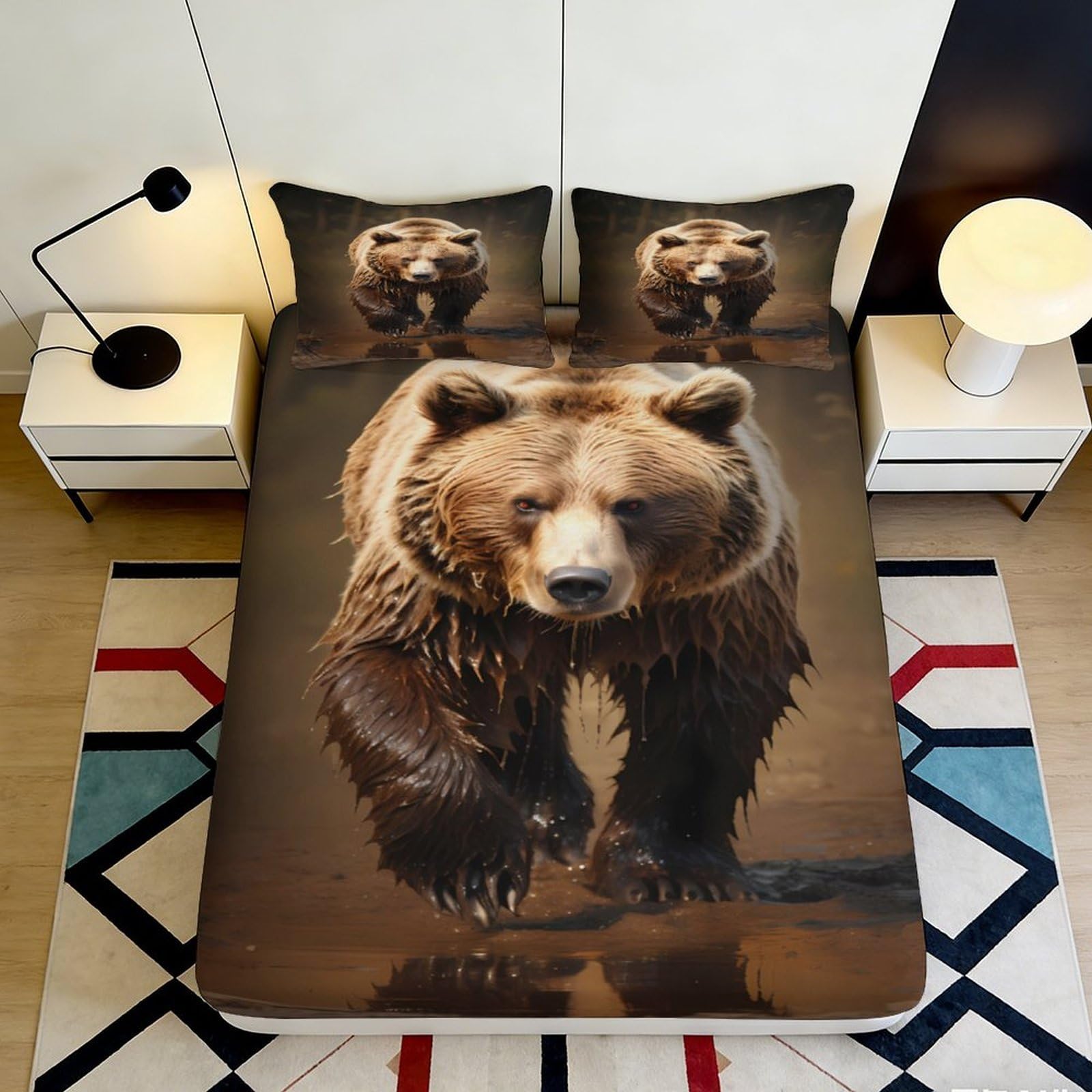 3D Printed Brown Bear Fitted Sheet Microfiber Soft Durable 3D Printed Bear Mattress Cover for Bedroom Dormitory Guest Room Mattress Protection 200x200x25cm