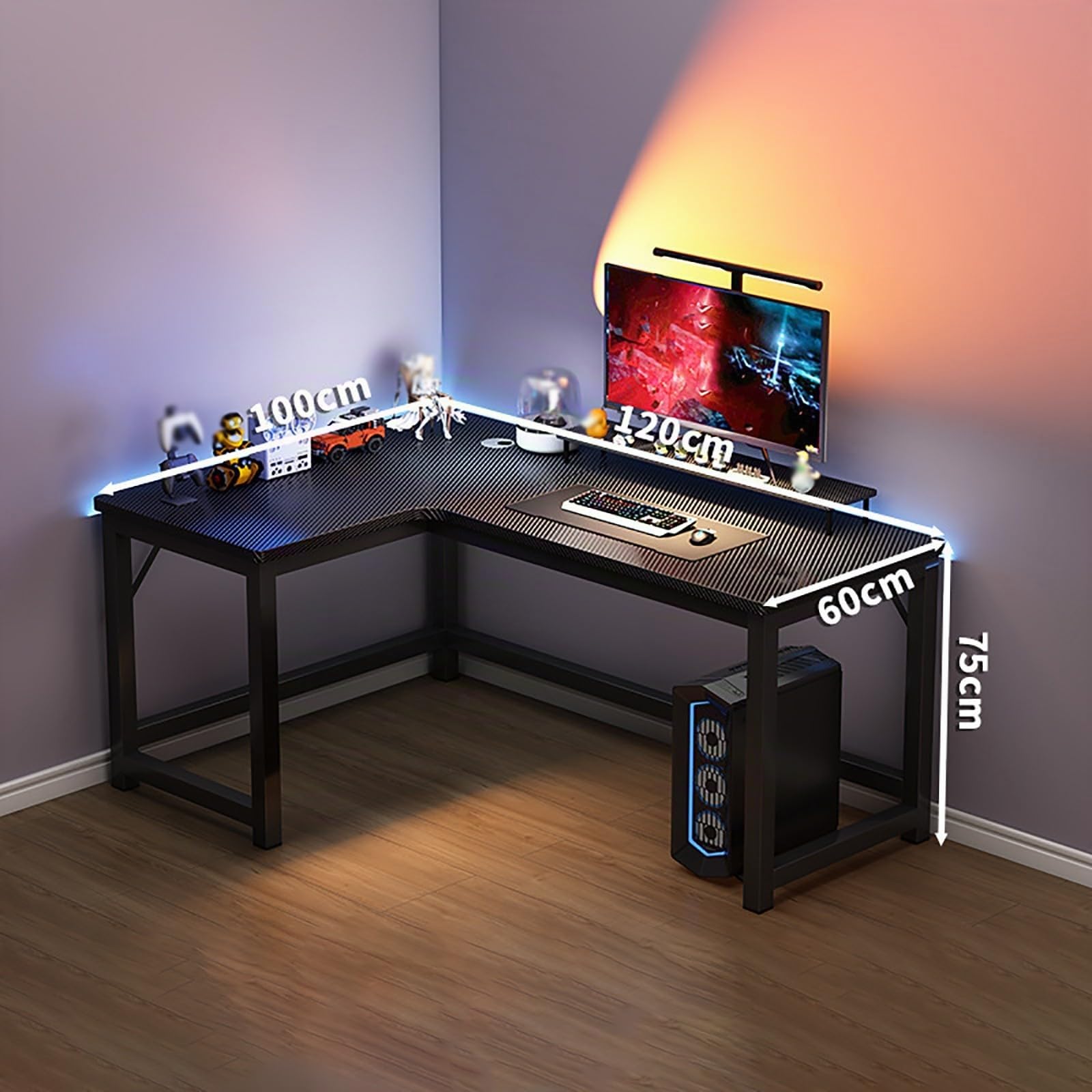 L-Shaped Gaming Desk, Corner Desk Computer Workstation, Carbon Fiber Finish, Cable Management, 100Kg Weight Capacity, Corner Computer Gaming Desk 140 * 100cm