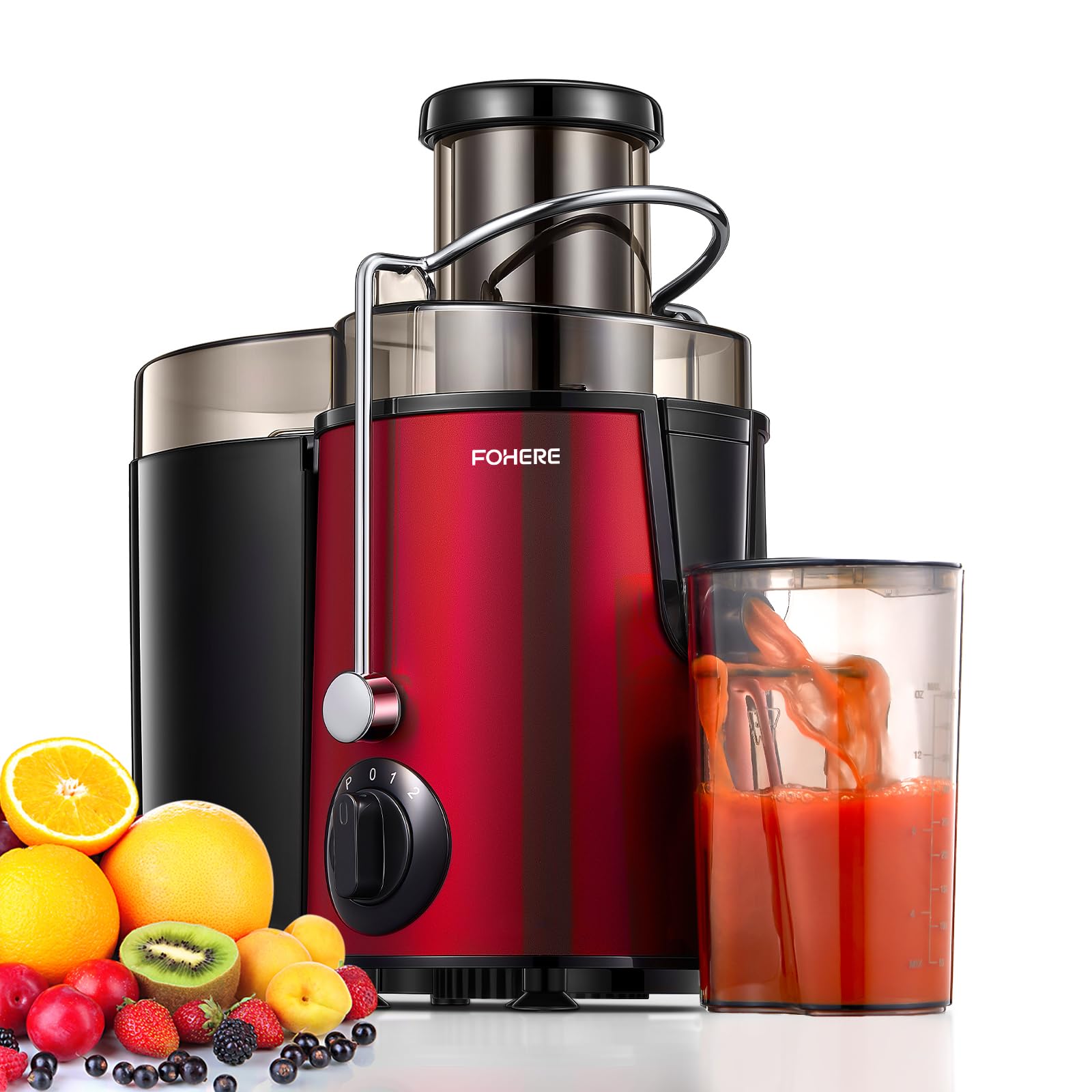 Centrifuga Frutta e Verdura FOHERE Estrattore di Succo a Freddo con Bocca da 65mm, Facile da Pulire, 3 Velocità di Regolazione, Spazzola per la Pulizia e Ricetta Inclusa, Senza BPA, Rosso…