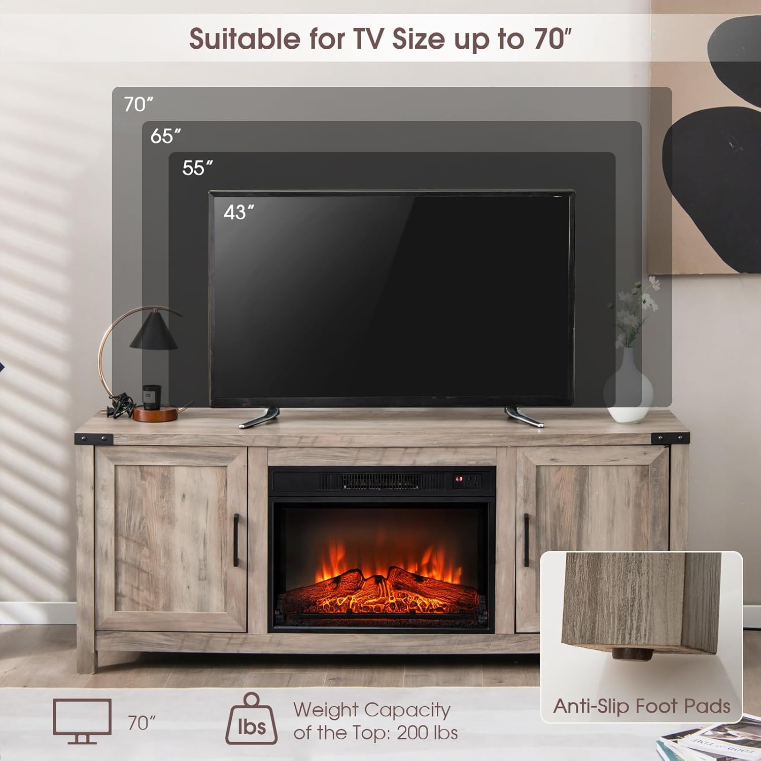 Tangkula Fireplace TV Stand for TVs up to 70 Inch, Farmhouse TV Console with 23” Electric Fireplace Insert, Remote Control, 2 Heating Modes & 3 Flame Brightness, Media Entertainment Center (Natural)