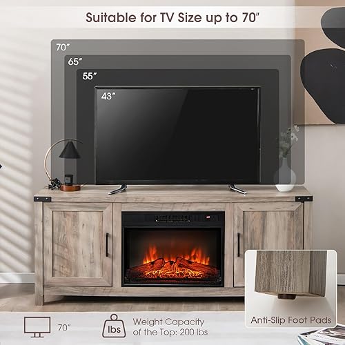 Miniatura 7 de Tangkula Soporte de TV con chimenea para televisores de hasta 70 pulgadas, consola de TV de granja con inserto de chimenea eléctrica de 23 pulgadas,