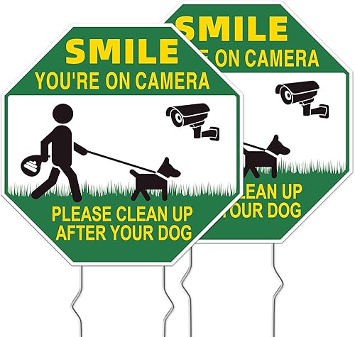 Miniatura 10 de Letreros de "Limpia Después de Tu Perro", Paquete de 2 Estacas de Metal de Doble Cara Tipo H de 13"x10", Letreros de "Sonríe Estás en Cámara",