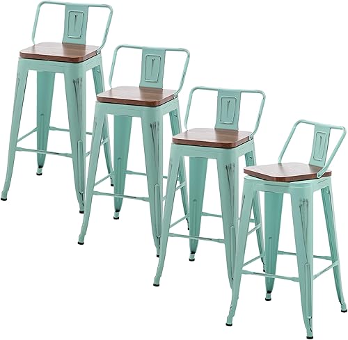 Juego de 4 taburetes de bar de 24 pulgadas, taburetes de bar giratorios de metal con respaldo, color azul