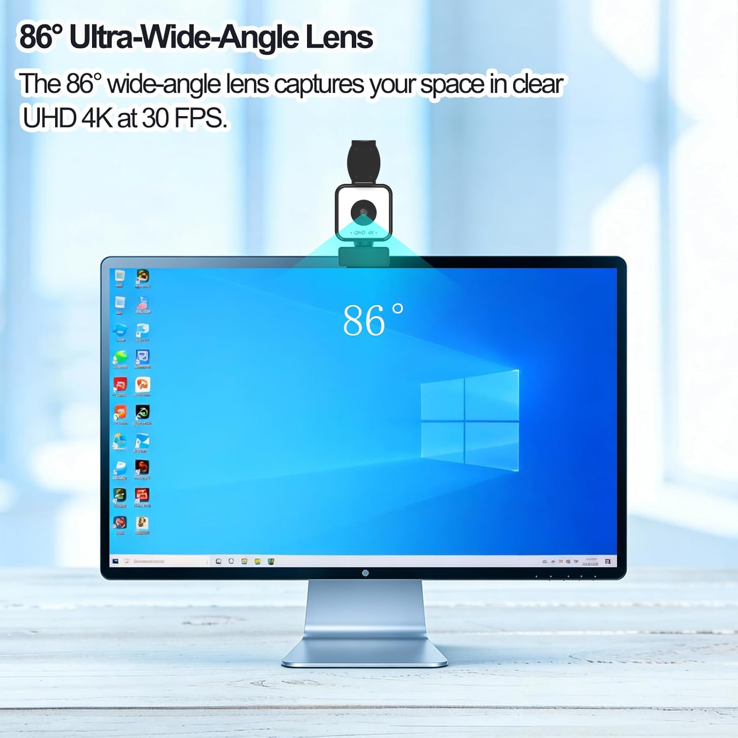 4K USB Webcam with Dual Microphones, 9X Hybrid Zoom, Auto Light Correction, 86° Wide Angle for Video Conferencing, Live Streaming, Remote Work, Compatible with PC Desktop Laptop