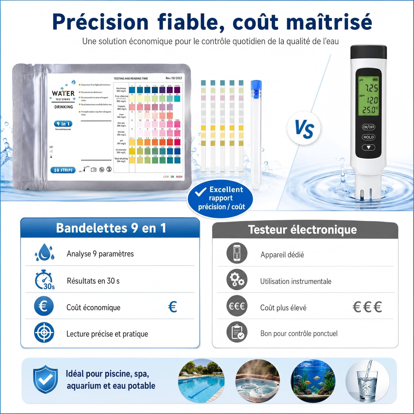 Lot de 50 Bandelettes de Test 9 en 1 pour Piscine et Spa, Bandelettes Analyse pH Chlore Nitrites Dureté de l'Eau, Convient pour Eau Potable Aquarium, Livré avec 1 Tube à Essai Offert