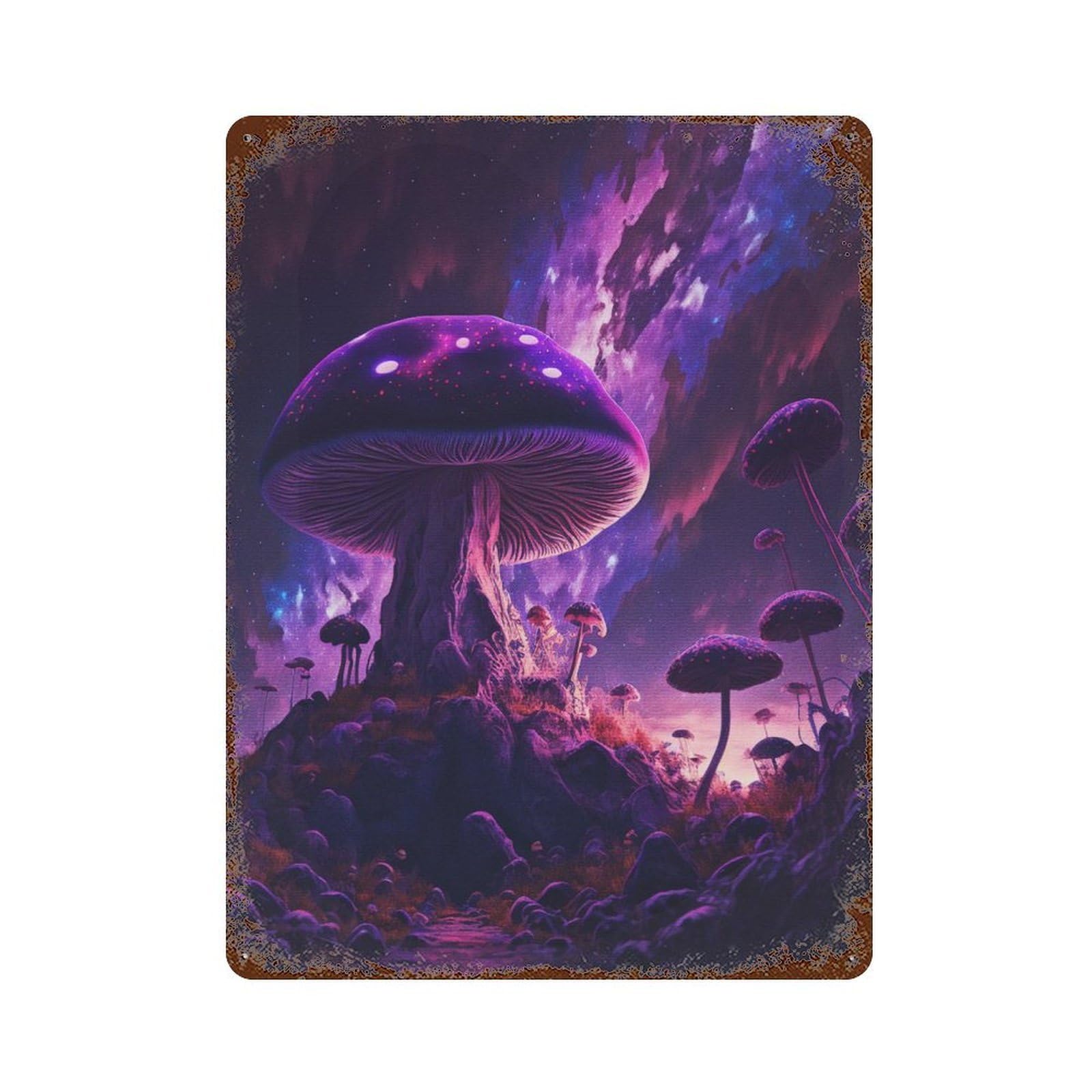 Aged Metal Wall Plaque with Space Forest Mushroom Design 15.7"x11.8", for Farmhouse, Kitchen And Entryway Decor, Retro Wall Decor