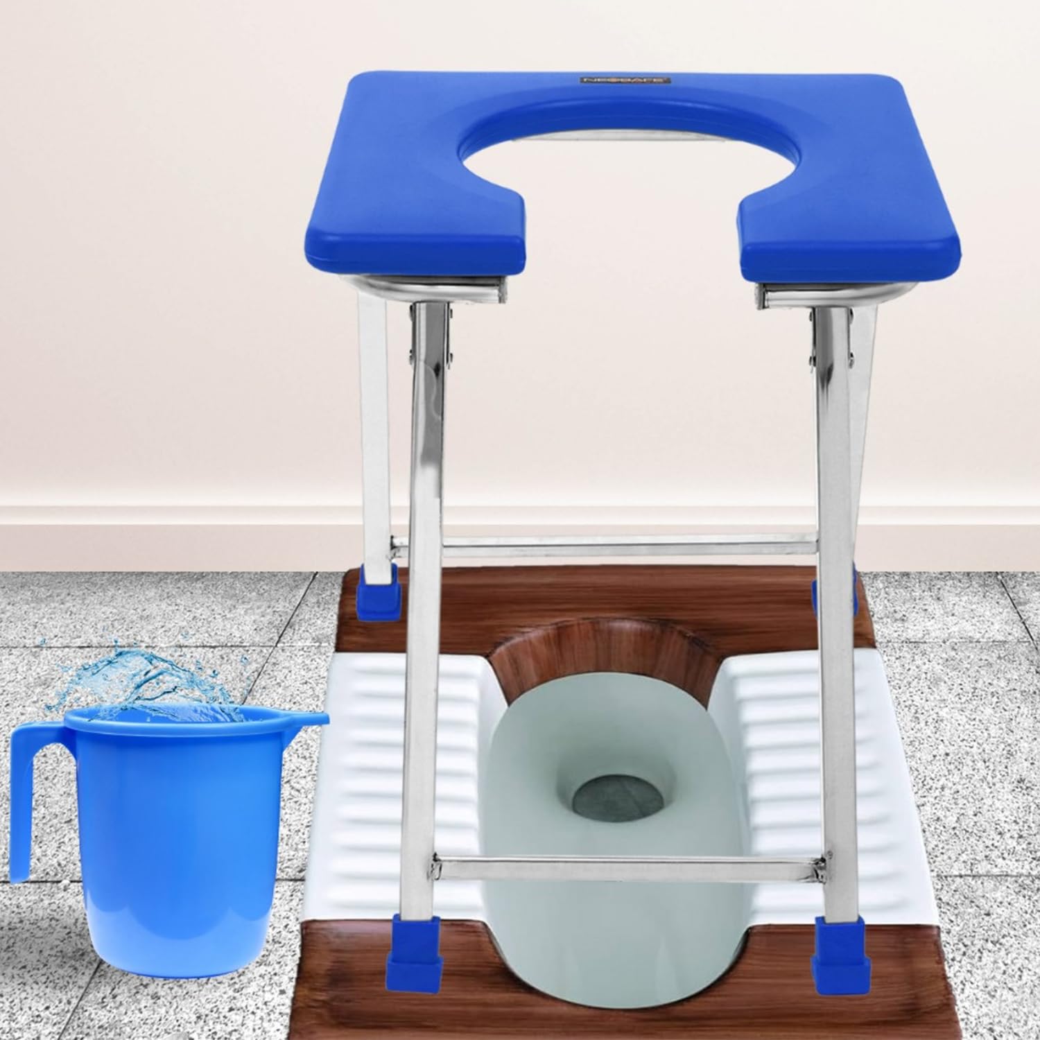 NEOSAFE Stainless Steel Folding Shower Chair, Toilet Chair, Commod Chair, for Indian Toilet for Elderly Disabled Man, Women and Pregant Women with Anti-Slip Rubber Bush(Blue)(100Kg Weight Capacity)-image-35