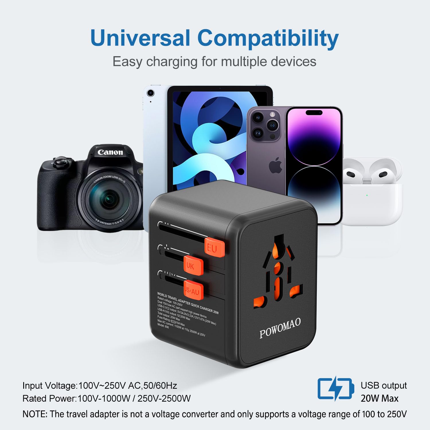 Adaptateur Prise Universelle,Adaptateur Universel de Voyage avec 2 USB C et 2 USB A et 1 Prise Secteur Universelle,Adaptateur de Prise International pour Europe USA UK Australie Chine Japon Thaïlande