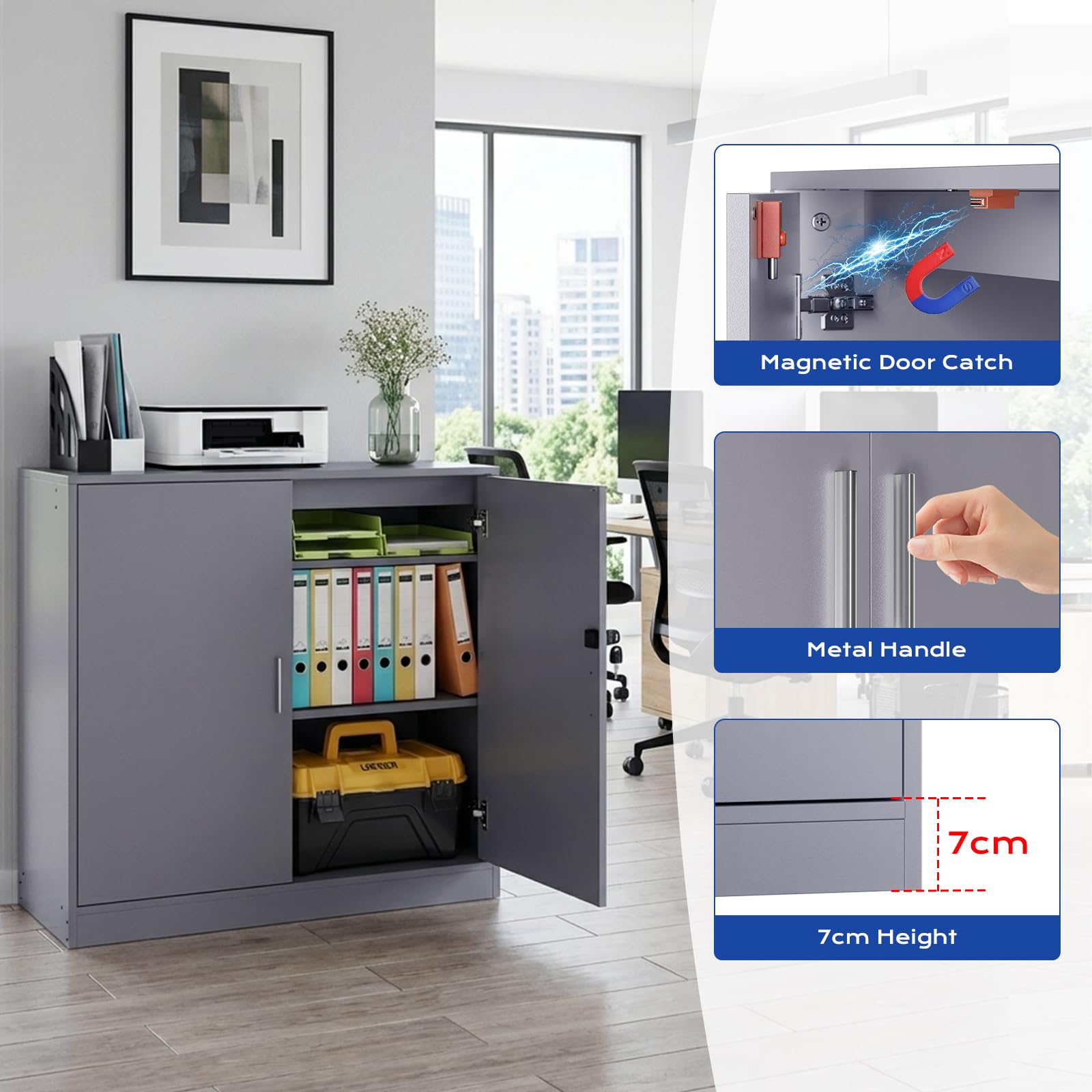 Armadio Ufficio, Schedario da Ufficio Multiuso con Serratura Chiave, Ripiani Regolabile e Due Ante, Armadietto Salvaspazio Mobiletto per Cucina Soggiorno Officina Credenza Stampante,Grigio
