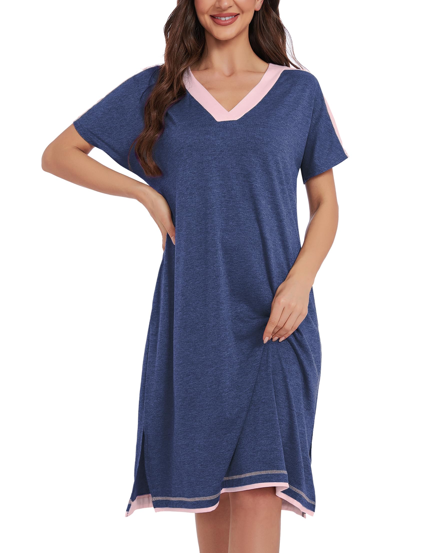 iClosam Camisones de Mujer Manga Corta Cuello en V Camisón con Bolsillos Vestido Elegante Ropa de Dormir Suave y Cómodo S-XXL