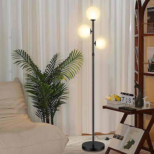 Miniatura 8 de Lámpara de pie moderna de 3 globos de mediados de siglo para sala de estar, lámpara de pie de altura ajustable con base de mármol, lámpara alta de