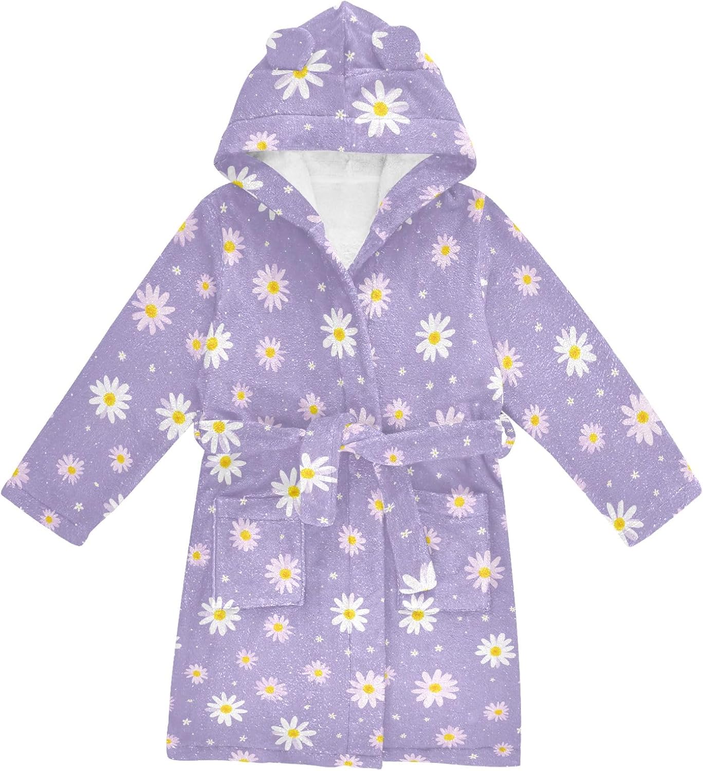 Cartoon Daisy Purple Toddler Hooded Bathrobe for Boys Girls Soft Plush Bath Towel Robe 2-12 Years