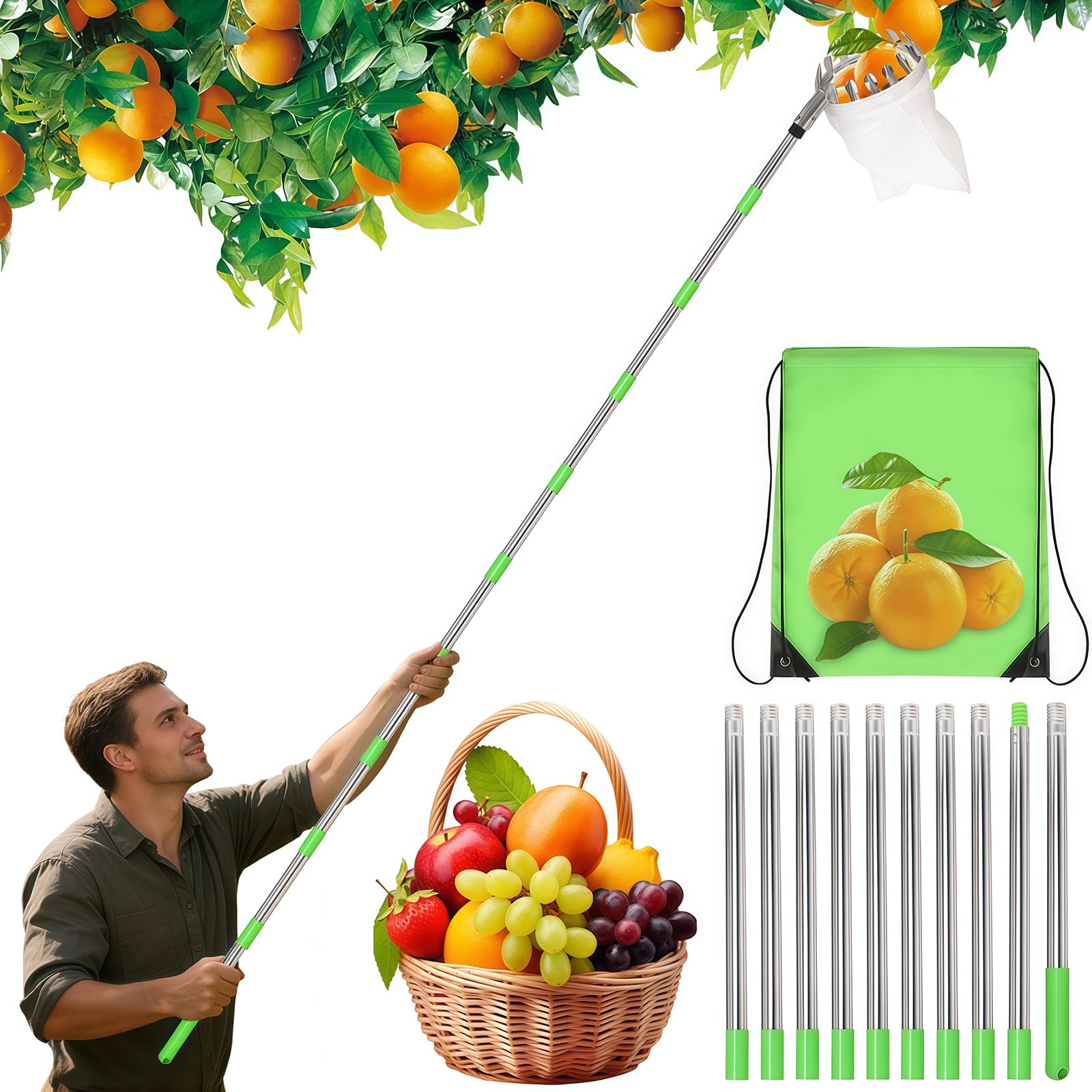 GAESHOW Recolector de Frutas de 4M con Mango TelescóPico, Recolector de Manzanas con Varilla de Acero Inoxidable y Bolsa de AlgodóN, DiáMetro de 16cm Recoge Frutas Telescopico