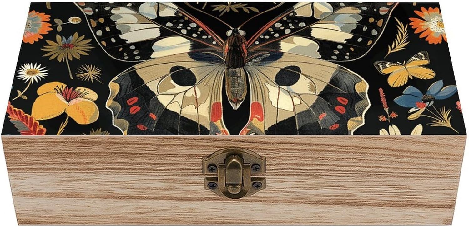 Vintage Wooden Storage Box with Hinged Lid, Colorful Butterfly Pattern