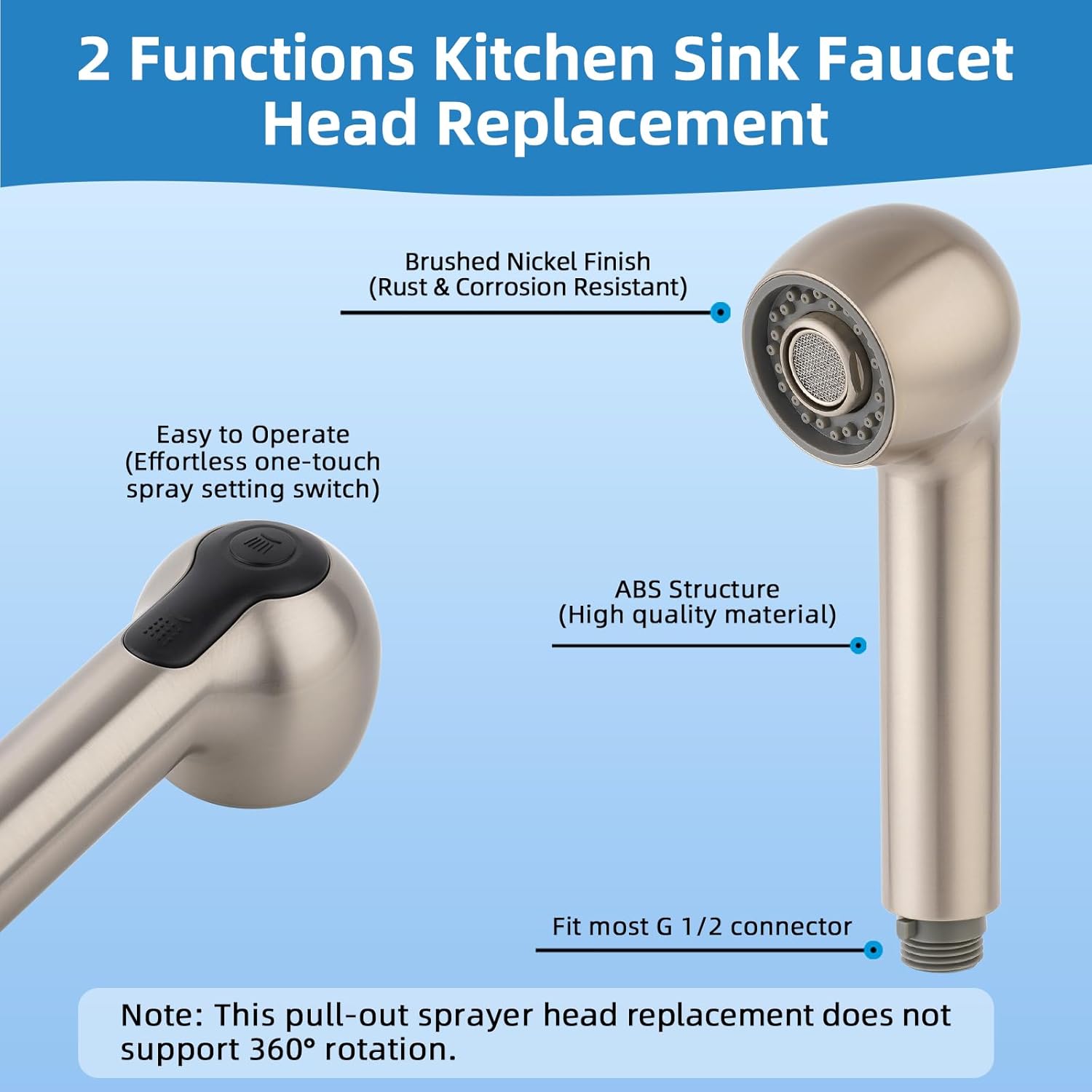 Hibbent Pull Out Sink Sprayer Head Replacement, 2 Function Kitchen Sink Faucet Head, G1/2 or 13/16 Inch Thread Faucet Head Kitchen Tap Sprayer Spout, Brushed Nickel