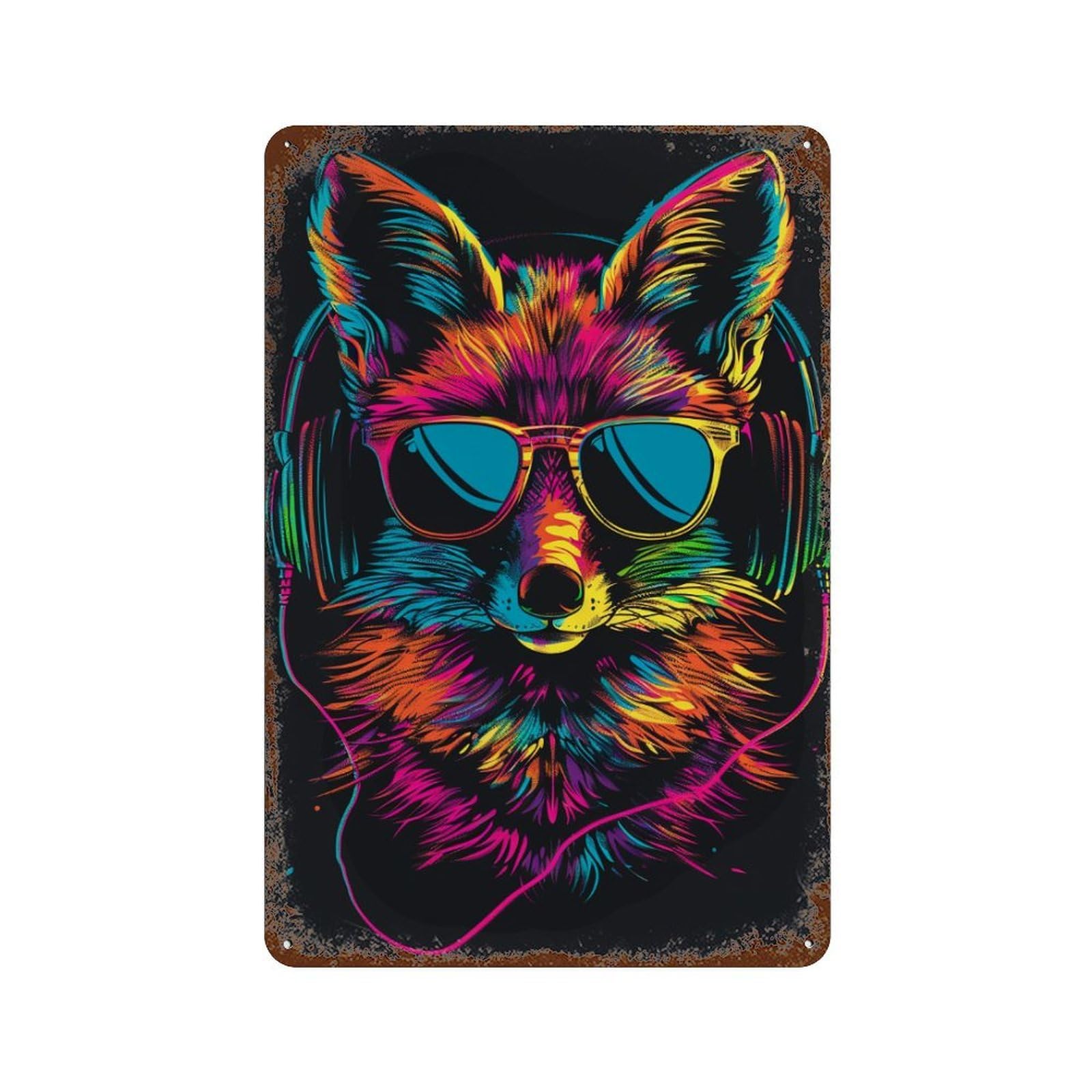 Colorful Fox Headphones Art Print -1 11.8"x7.9" Weathered Tin Sign, Rustic Home Decor for Living Room, Hallway And Home Decor