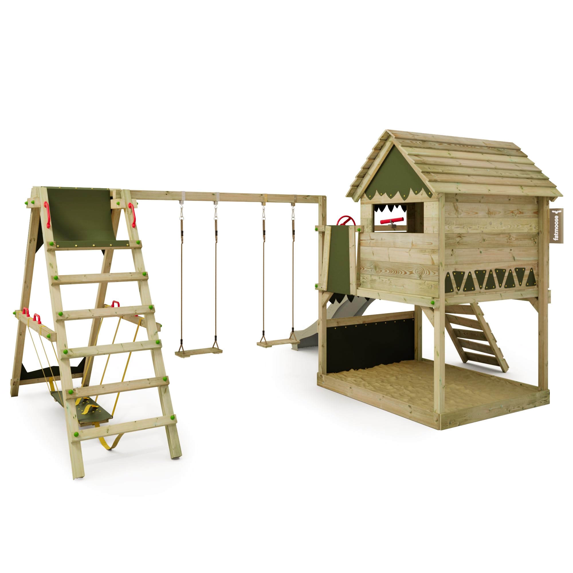 Fatmoose Aire de Jeux Portique Bois TikaTaka avec balançoire SurfSwing et Toboggan Vert Sauge, Cabane Enfant Exterieur avec bac à Sable, échelle d'escalade & Accessoires de Jeux