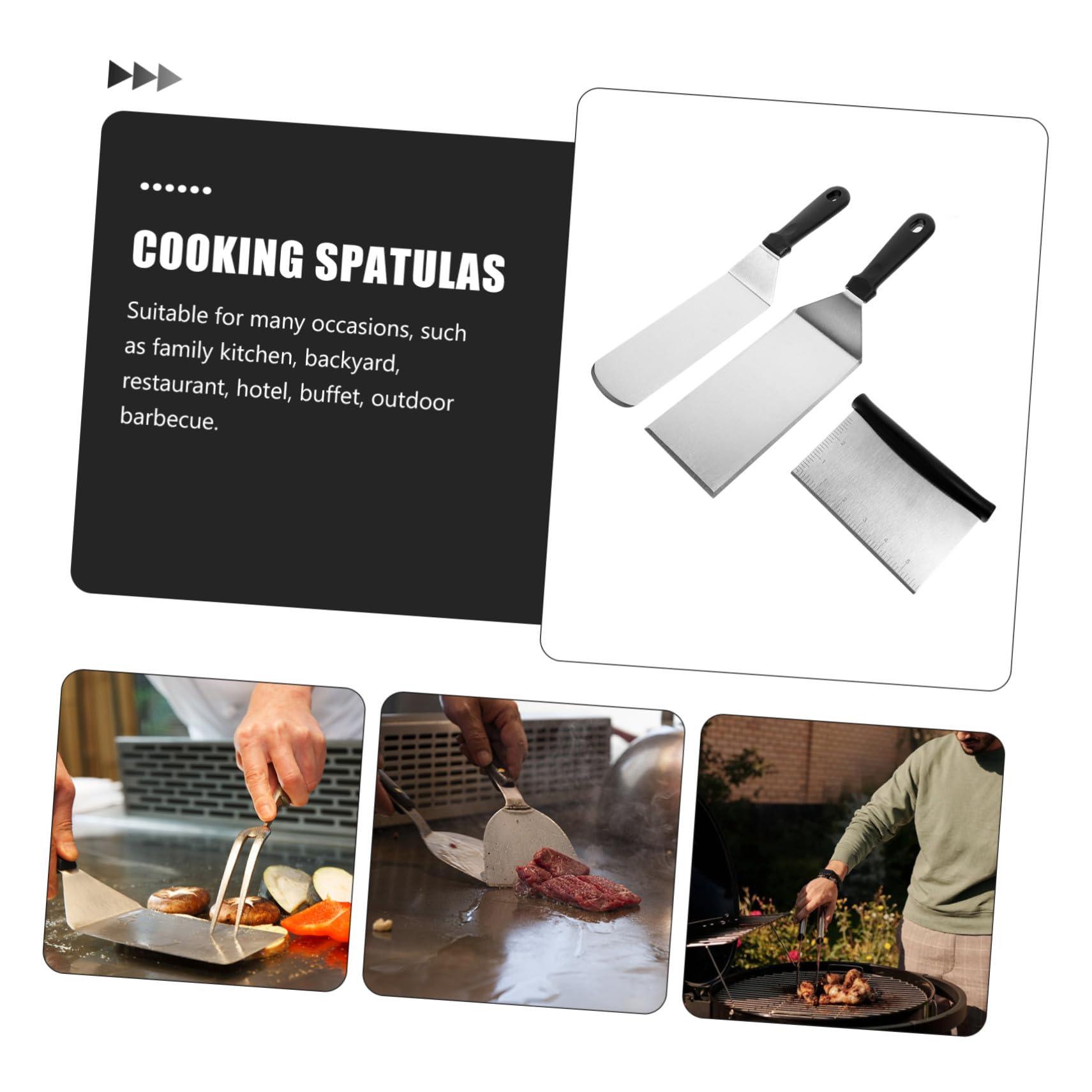 Set 3 Pezzi Spatole Argento in Acciaio Inossidabile e Pp per Cucina Funzione di Girare e Mescolare per Barbecue e Padelle