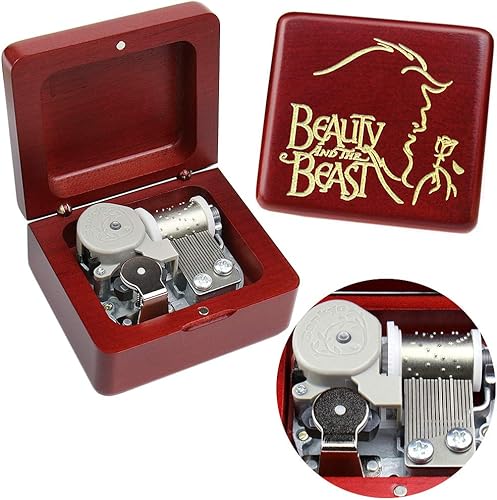 Sinzyo Caja de música de La Bella y la Bestia, caja musical vintage, regalo para cumpleaños, día de San Valentín, Navidad (caja roja vino)