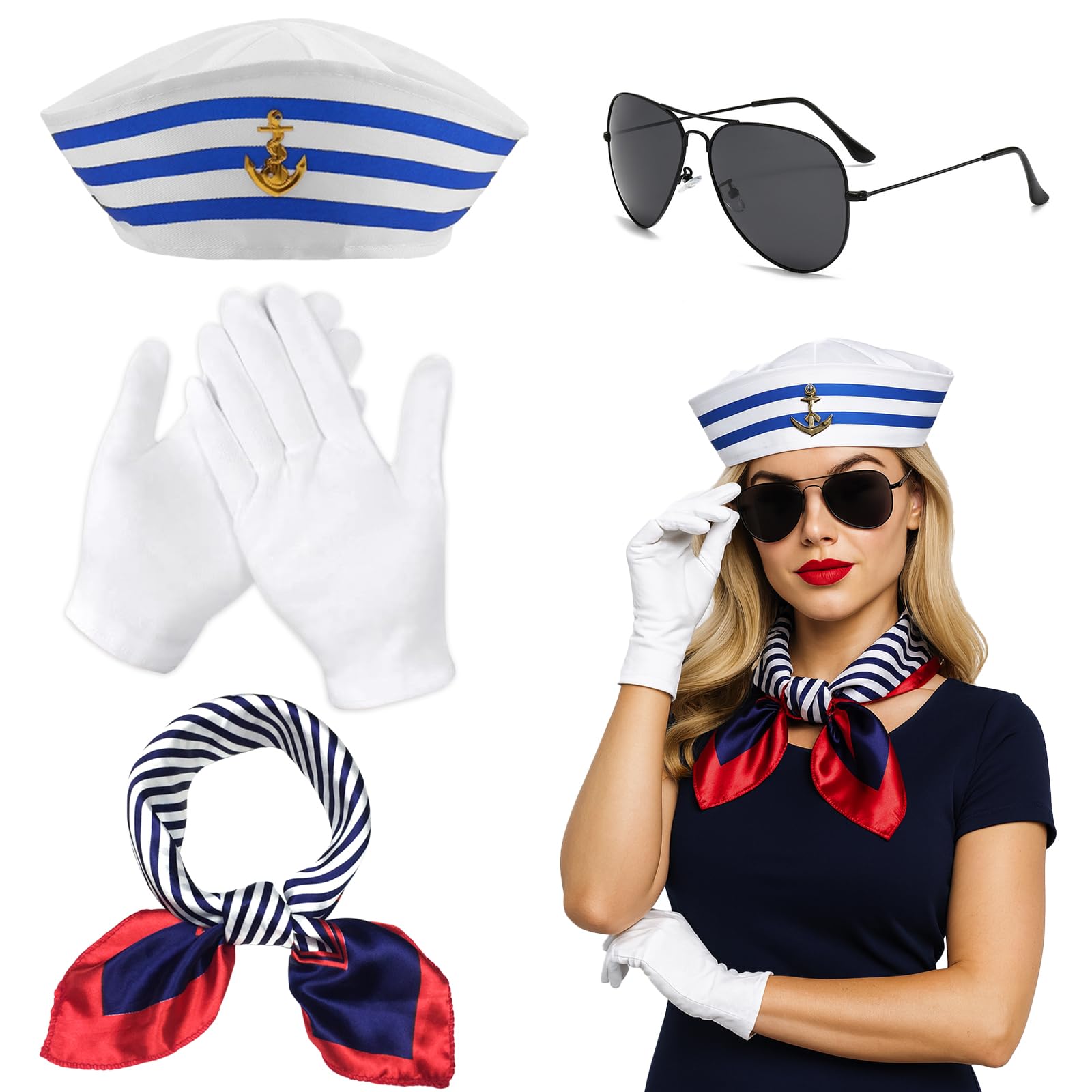 AWAVM Stripes Sailor Hat,Gloves,Glasses and Scarf Set，Blue and White Striped Sailor Captains Hat＆Red Edge Blue Bar Square Scarf，Navy Outfit Dressing Up Party for Women Men Costume Accessory