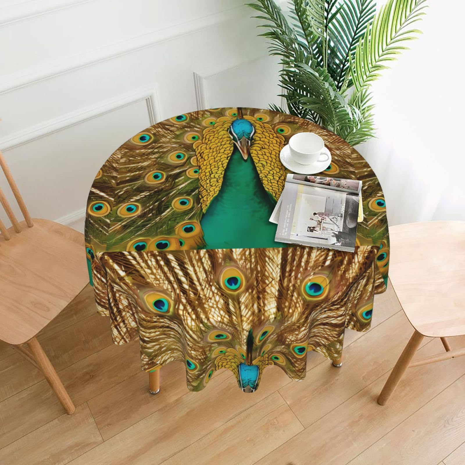 WHJSSF Peacock Prints Round Decorative Table Throw 60 Inch – Waterproof Table Cover for Dining, Coffee Tables, and Outdoor Events
