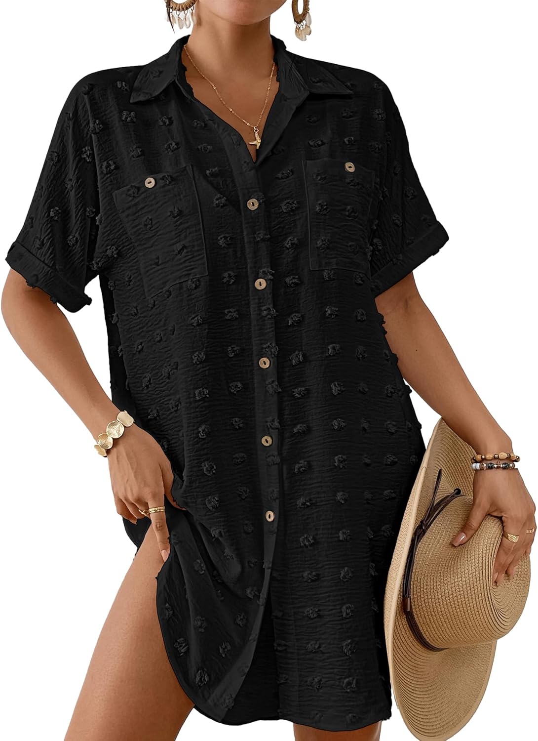 Bsubseach Swimsuit Coverup for Women Swiss Dot Bathing Suit Swimwear Button Down Beach Shirt Cover Up Resort Wear