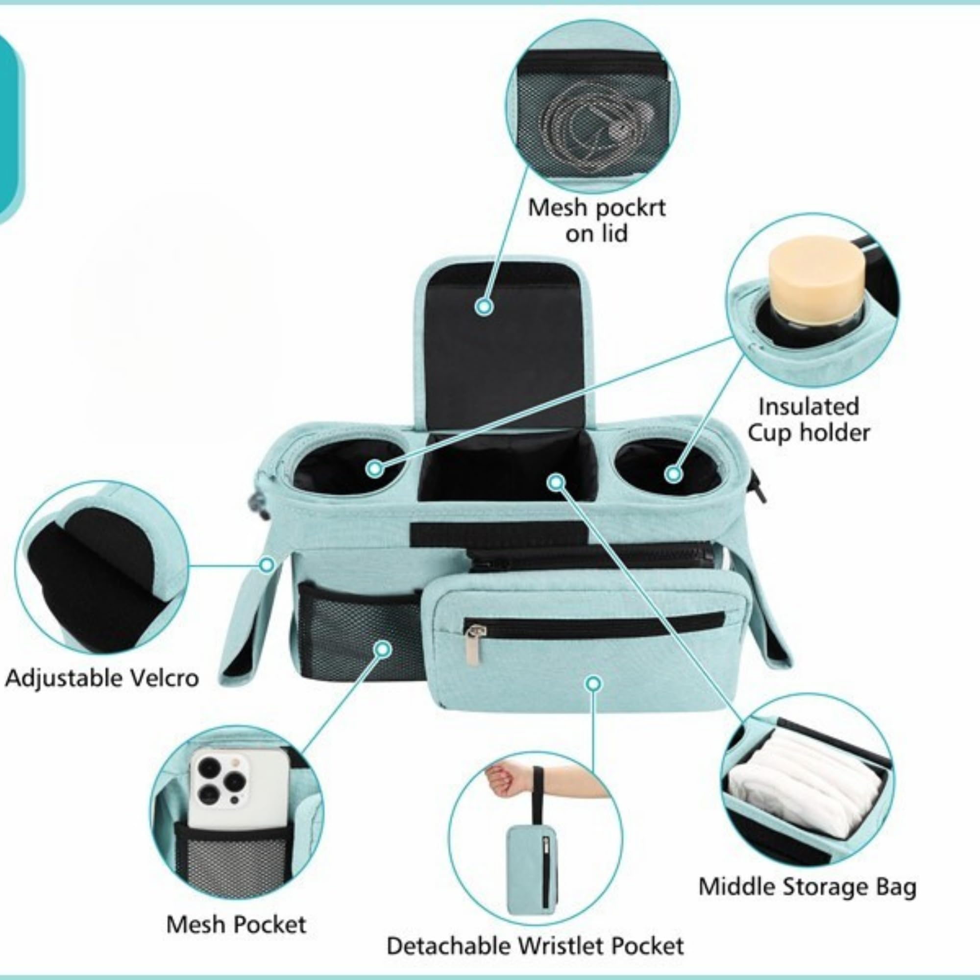 koskids Universal Stroller Organizer With Insulated Cup Holder, Detachable Phone Bag And Shoulder Strap, Cozy Nest Stroller Caddy Organizer Fits For All Stroller Types (blue)