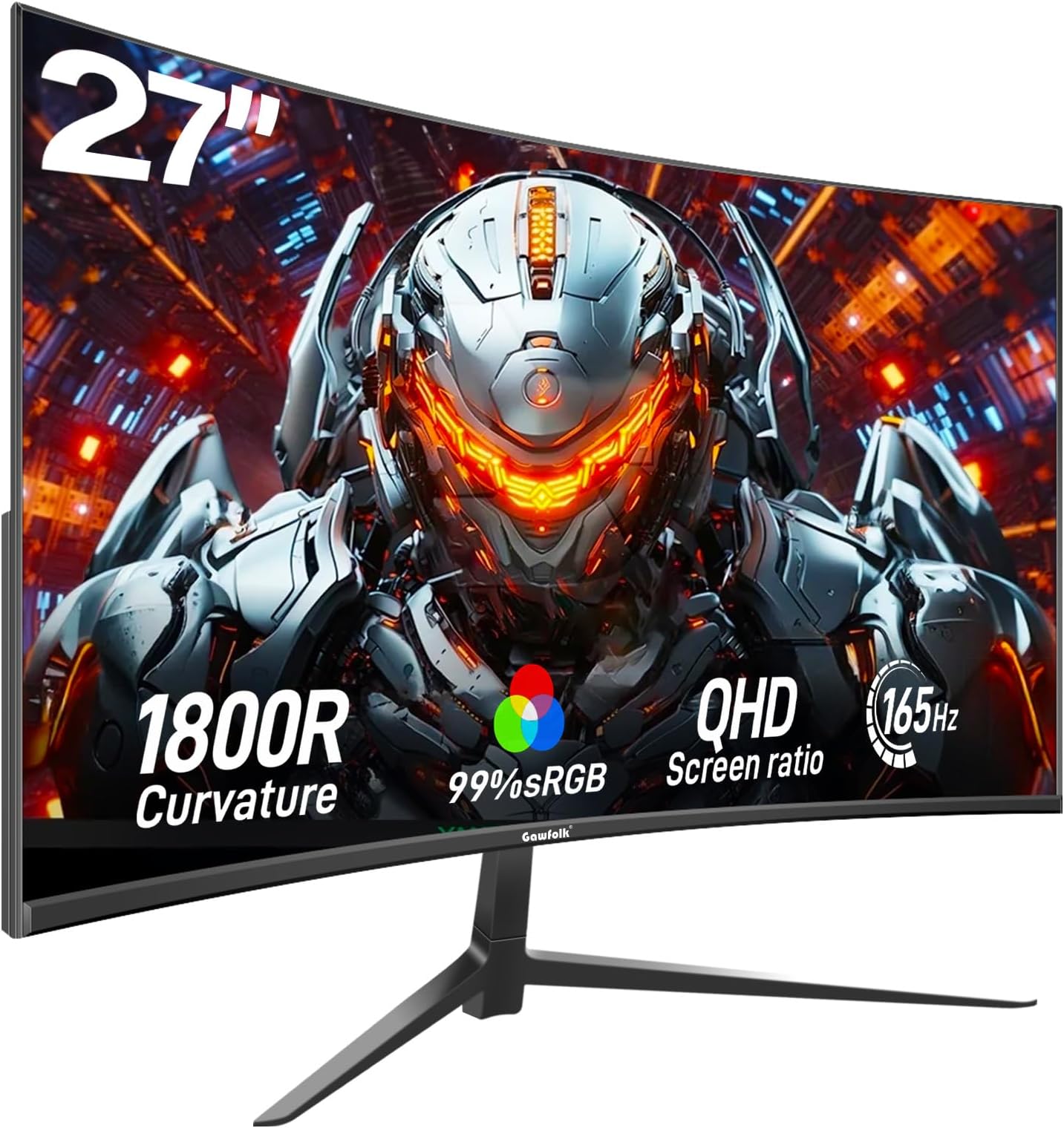 Gawfolk 2K 165Hz Curved Monitor, 27 Inch QHD 2560x1440p 144Hz Gaming Monitor with AMD FreeSync, Flicker-Free, 2X HDMI 2.0, DP 1.4, Ultra-Thin Frameless 1800R Screen PC Monitor