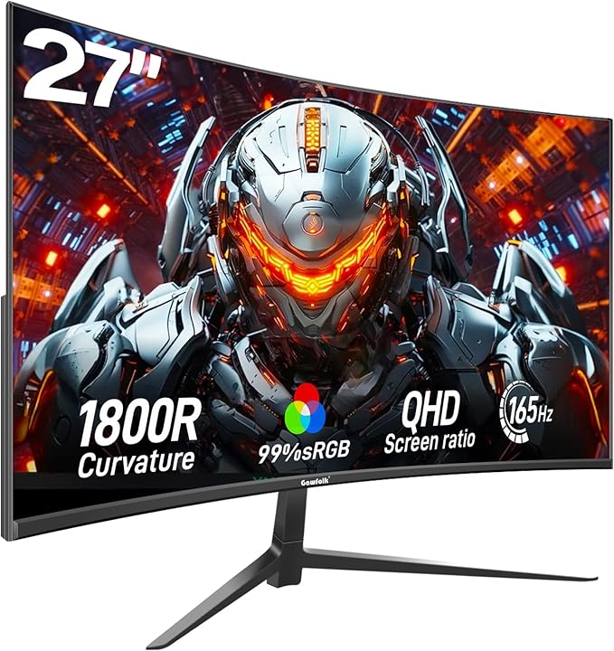 Monitor curvo 2K 165Hz, 27 pulgadas QHD 2560x1440p 144Hz Monitor de juegos con AMD FreeSync, sin parpadeo, 2X HDMI 2.0, DP 1.4, monitor de PC de pantalla ultra delgado sin marco 1800R