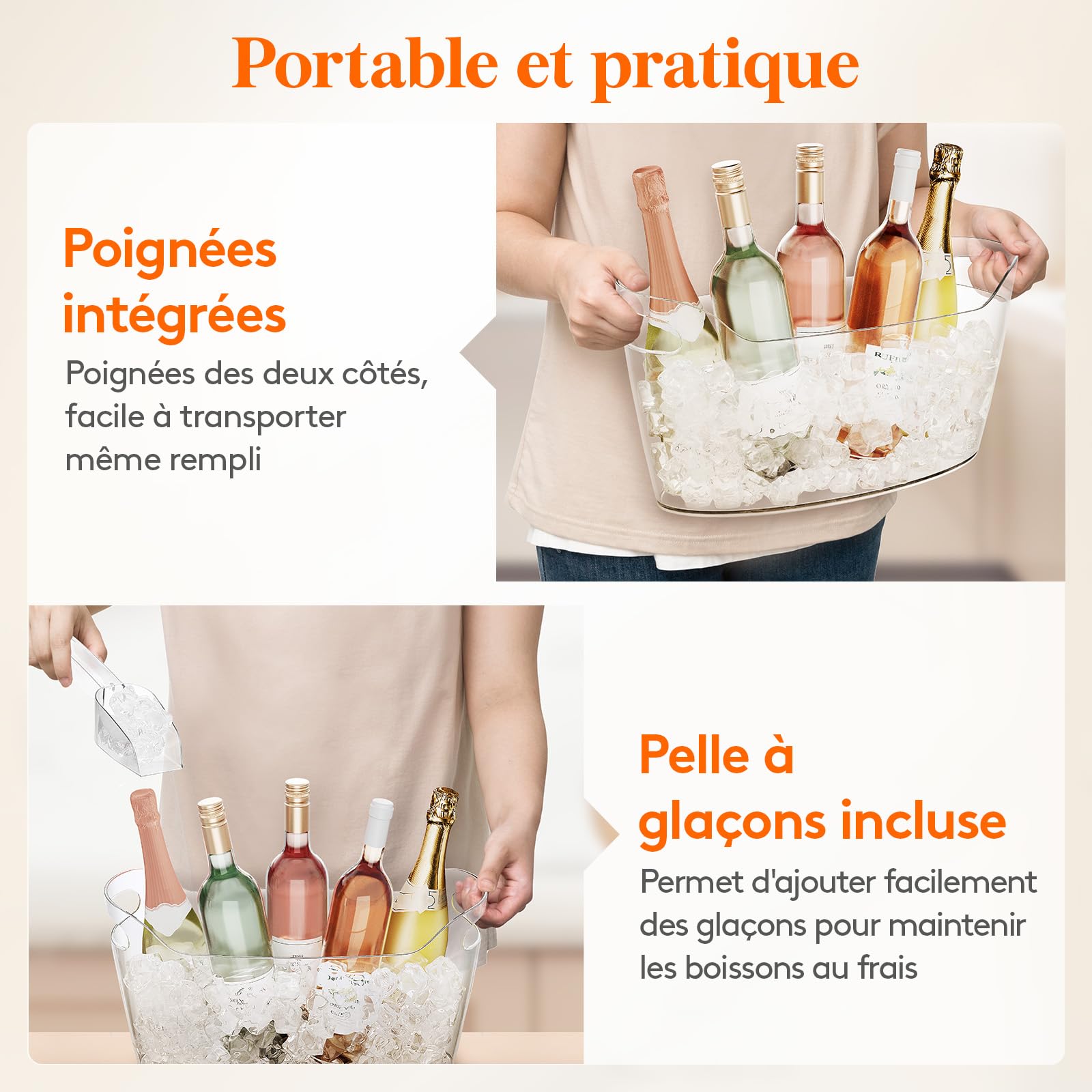 Lifewit Seau à Glace Portable 6.5L, Seau à Champagne avec Cuillère, Plastique Rafraîchisseur de Bouteille de Vin, 38×18×20 cm, Lot de 2
