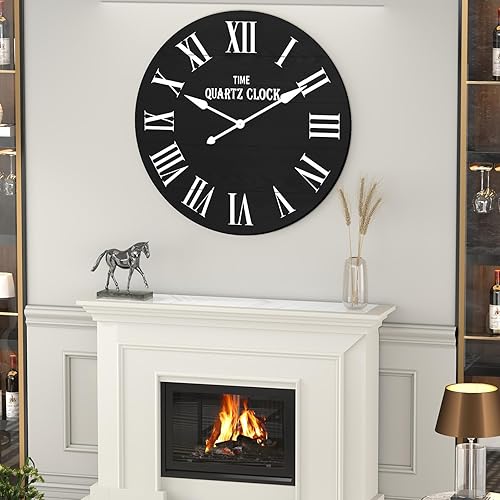 Miniatura 8 de ARTPOWER Reloj de pared grande de granja, reloj de pared Shiplap de 35.5 pulgadas con número romano, casi sin tictac, relojes de pared redondos para