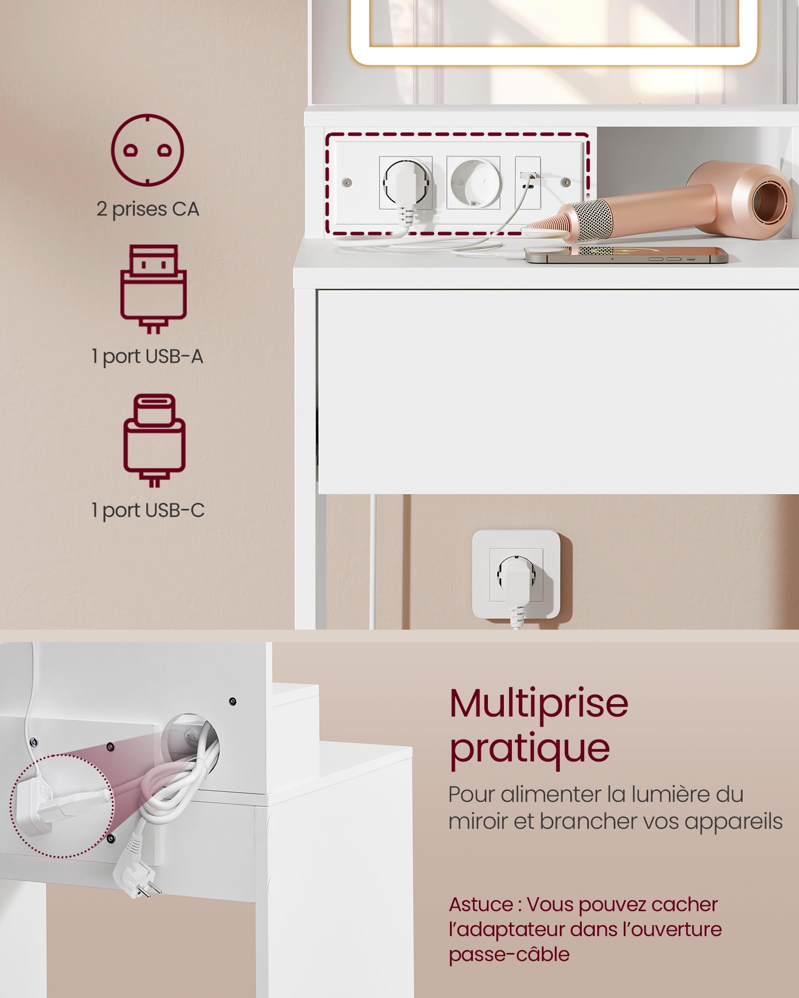 VASAGLE Kailyn Collection - Coiffeuse avec Miroir LED et Tabouret, avec Multiprise, Compartiment avec 2 Étagères Réglables, 1 Tiroir, 2 Étagères, Coin Beauté, Moderne, Blanc RDT738W01