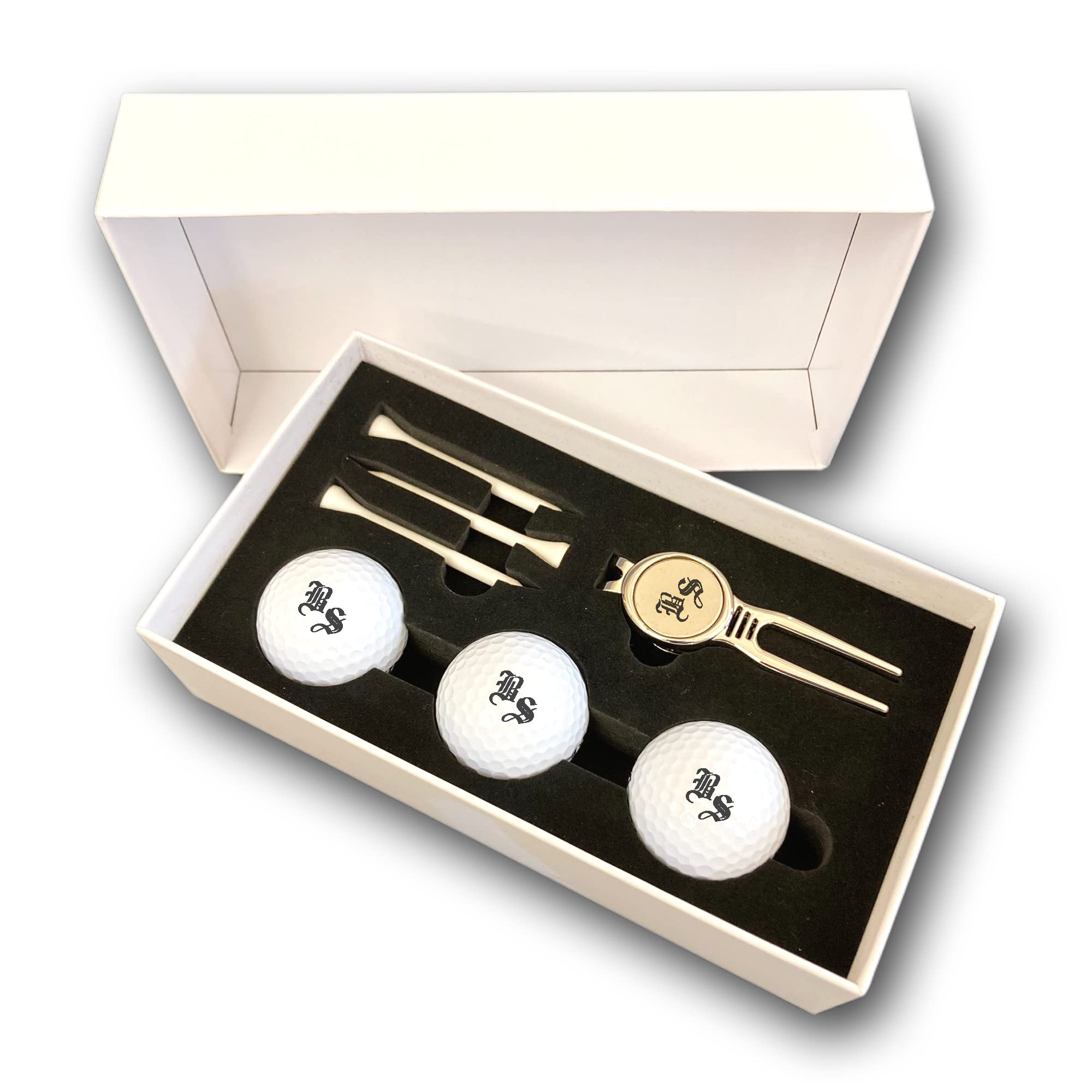Golfball Set mit Gravur Initialen personalisiert 3 Wilson Golfbälle Pitchgabel und 3 Tees in Geschenkbox weiß Wunschtext Geschenk Golfer/in