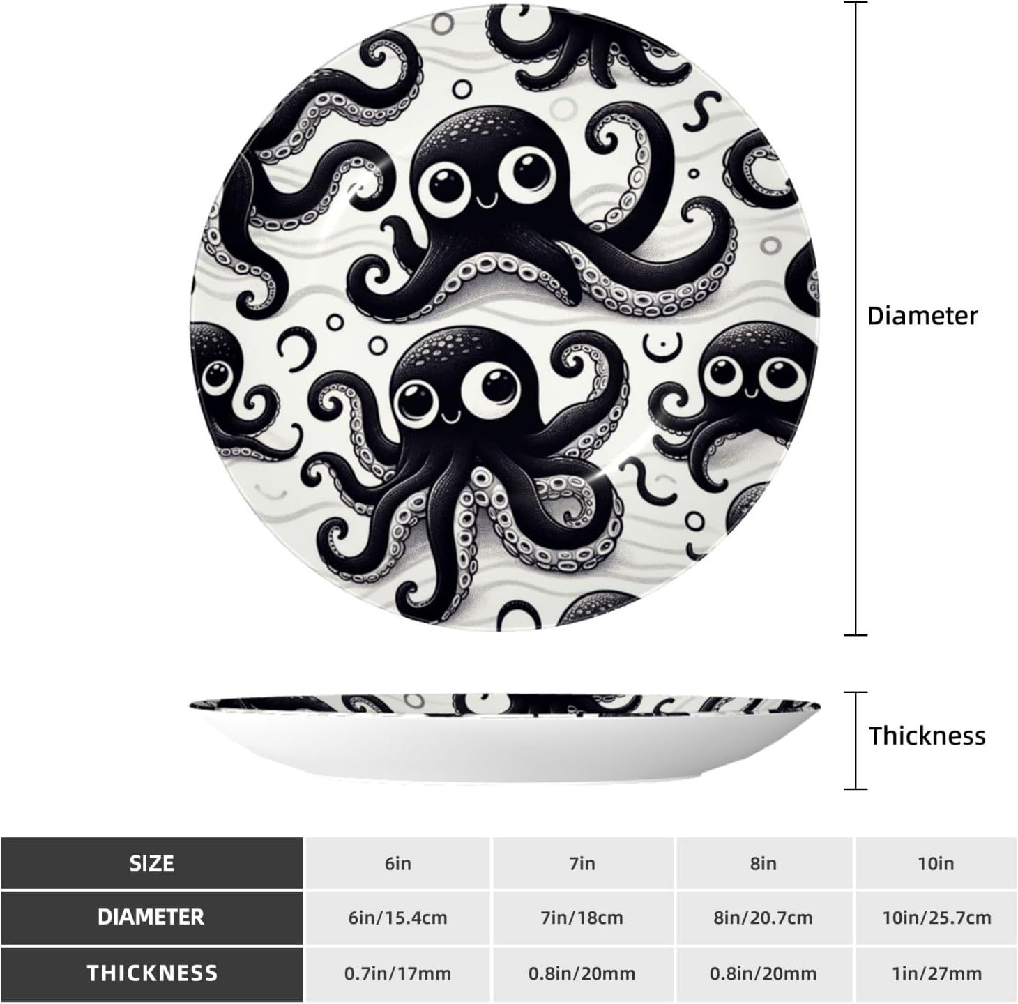 Cute-Black-Cartoon-Inkfish 10 Inch Decorative Plate With Stand, Elegant Display Wall Plate For Home Decor